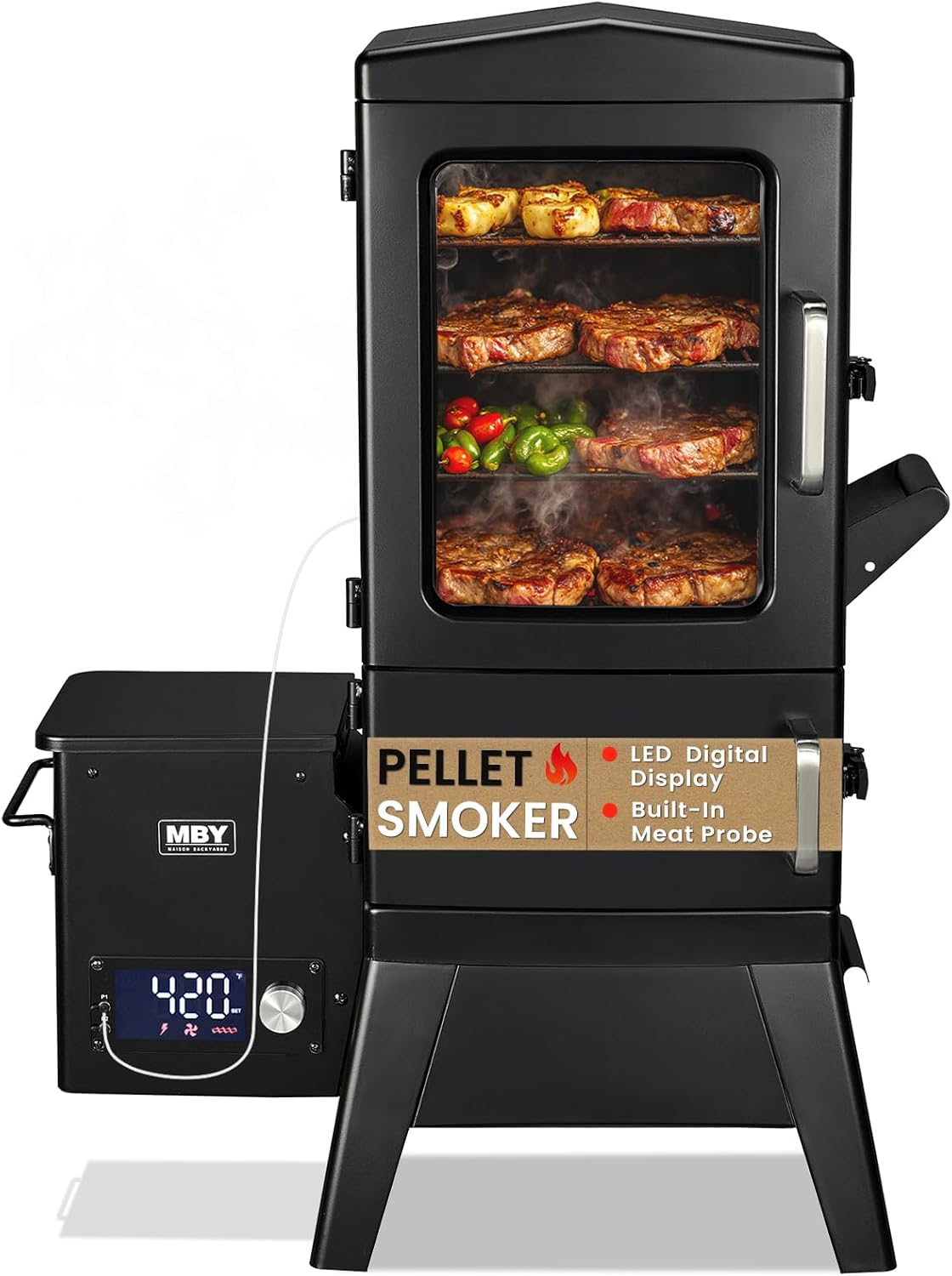 Pellet Smoker with Cover, Electric Wood Pellet Smoker Grill With Meat Probe and Hook, 616 Sq in Cooking Area LED Display Temperature Control