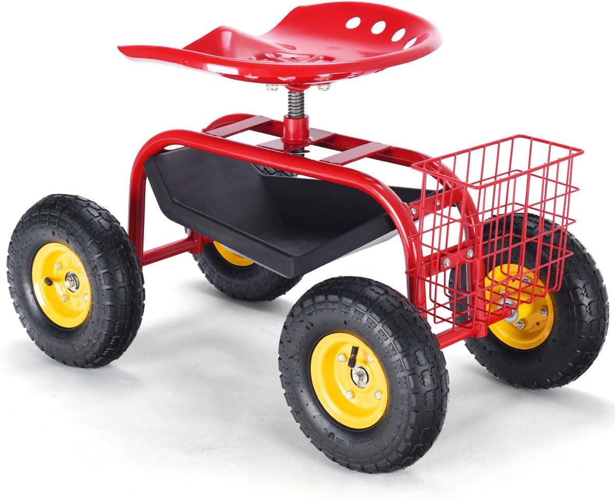 Giantex Rolling Garden Work Seat, 360 Swivel Gardening Workseat with Wheels, Tool Basket, Adjustable Height, Outdoor Scooter for Sitting, Gardening Stool Chair for Planting Trimming, Red