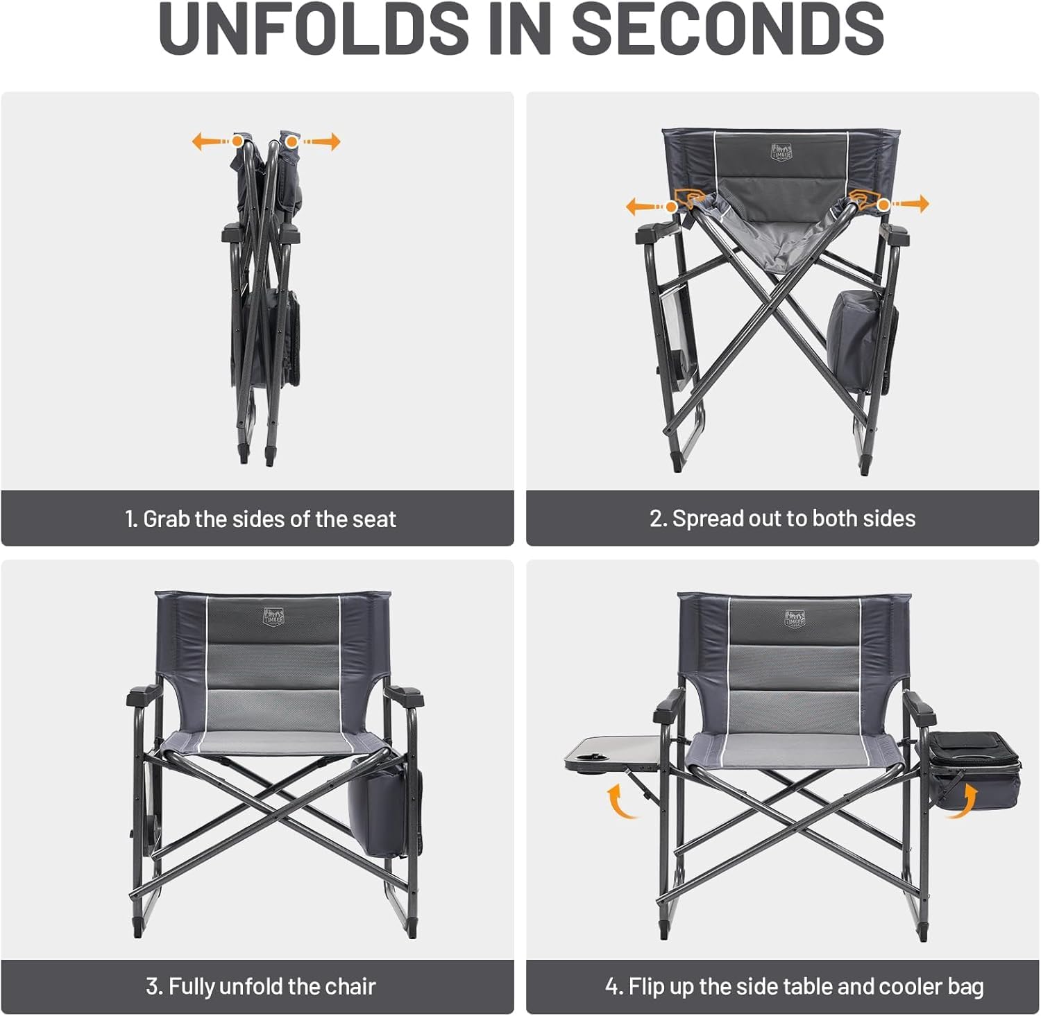 Timber Ridge XXL Oversized Directors Chair 600lbs - Heavy Duty Camping Chair with Cooler Bag & Table, Portable Folding Chair with Wide Seat for Tailgating, Patio, Outdoor - Grey