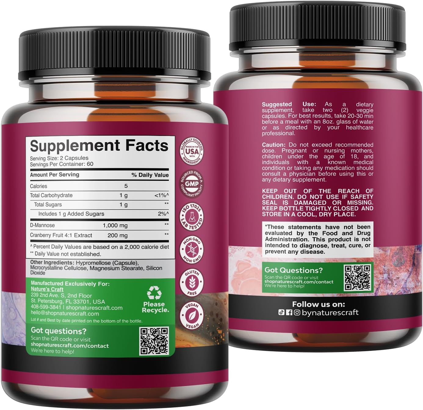 D Mannose with Cranberry Supplement - Potent D Mannose 1000mg Capsules for Kidney Defense Support & Cleanse and Urinary Tract Health for Women & Men