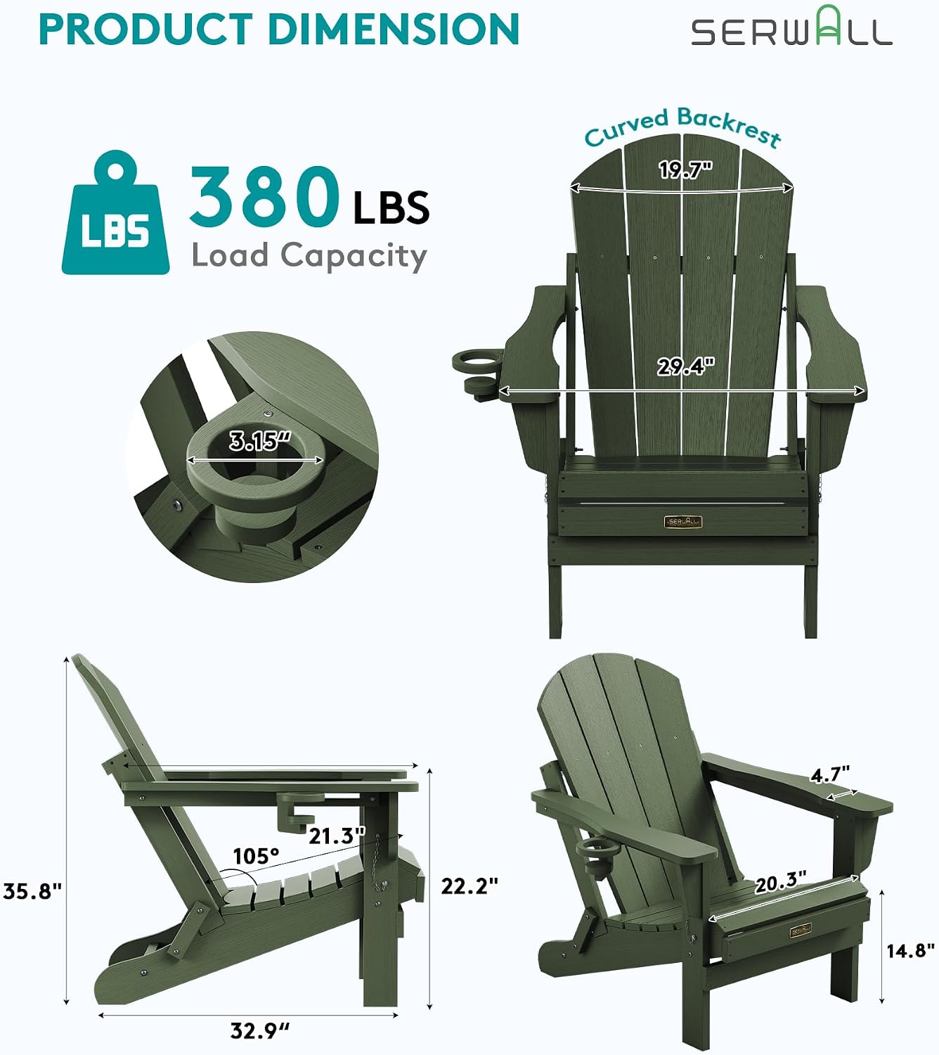 SERWALL Folding Adirondack Chairs with Cup Holder, Outdoor Fire Pit - Blue