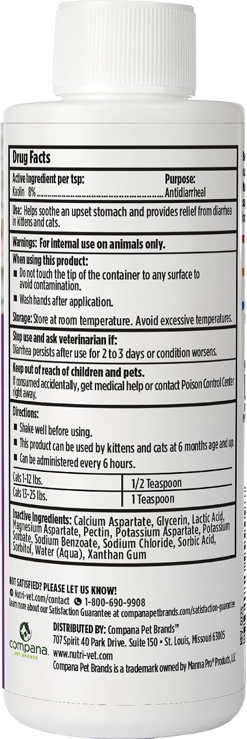 Nutri-Vet Anti-Diarrhea Liquid for Cats, Gentle Formula with Pectin and Kaolin, Soothes Upset Stomach and Irritated GI Tract, Slows Stool Passage, Cat Essentials, Detoxifies Bacterial Toxins, 4oz