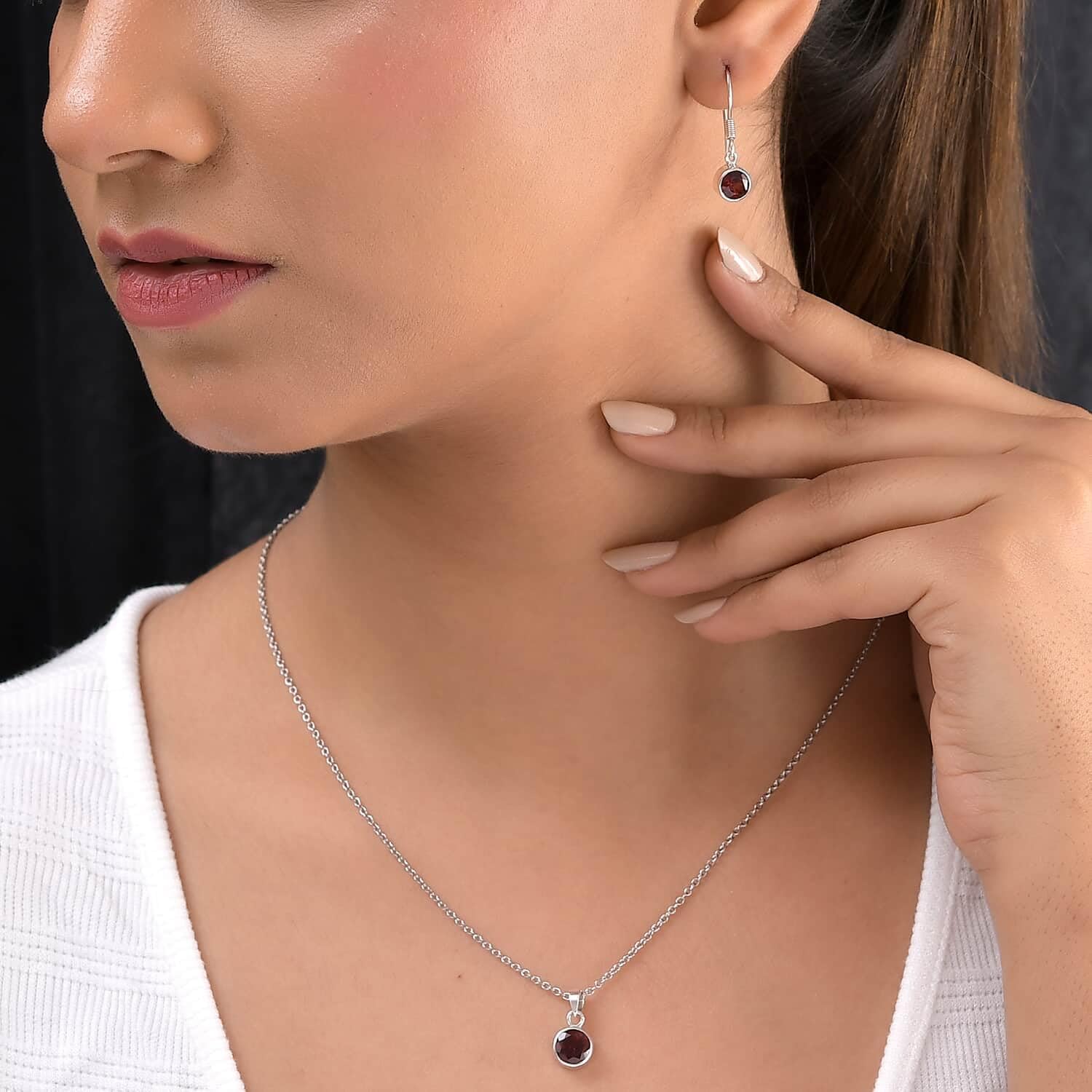 Shop LC Red Garnet Jewelry Set for Women Necklace Dangle Earrings 925 Sterling Silver Platinum Plated Fish Hook Ct 2 Size 20" Gifts for Women