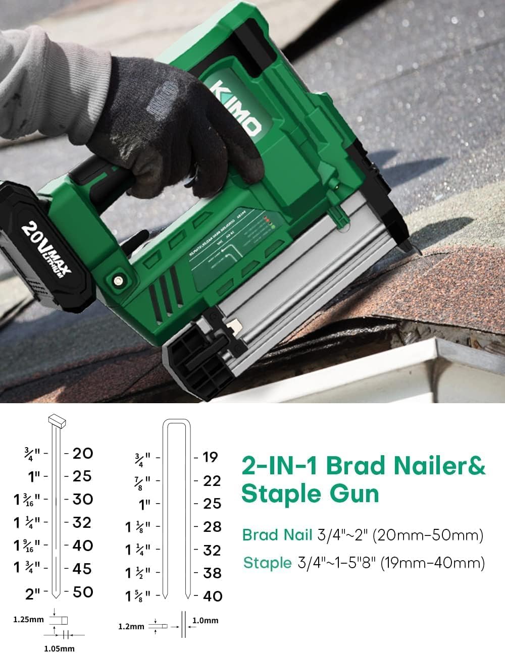 KIMO 18 Gauge Nail Gun Battery Powered w/ 2 X 2.0Ah Battery, 1000pcs Nails and Staples, 2 IN 1 Cordless Brad Nailer and Stapler, 2 Firing Modes