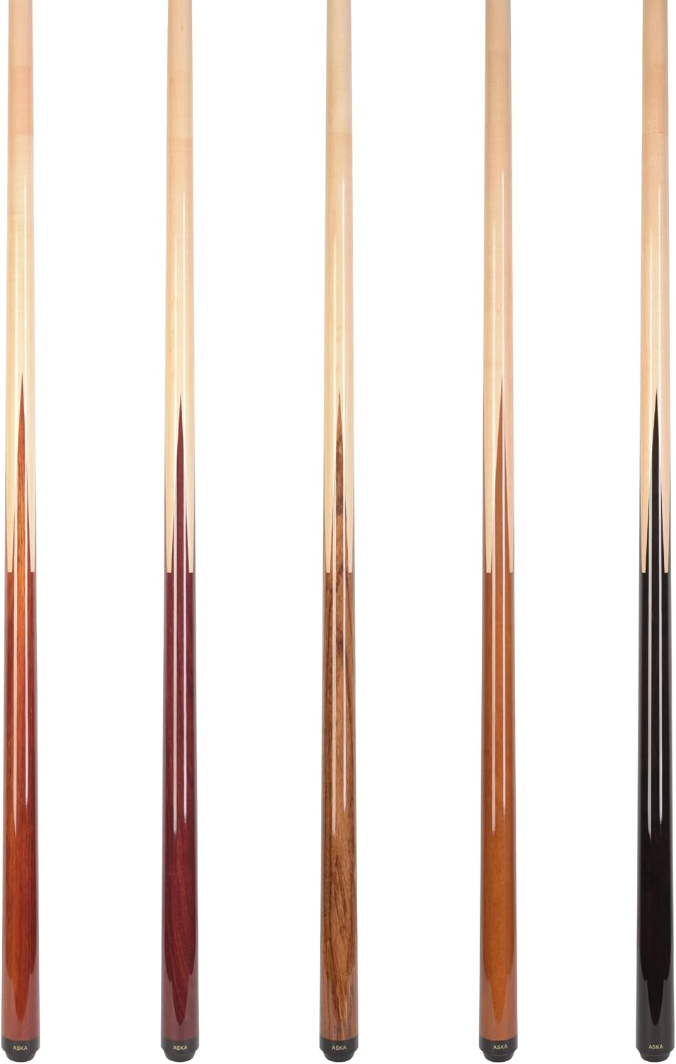 ASKA Sneaky Pete Pool Cue Set, 5 Unique Wood Cues, 58" Canadian Maple Shafts, 13mm Leather Tip, 5/16x18 Joint