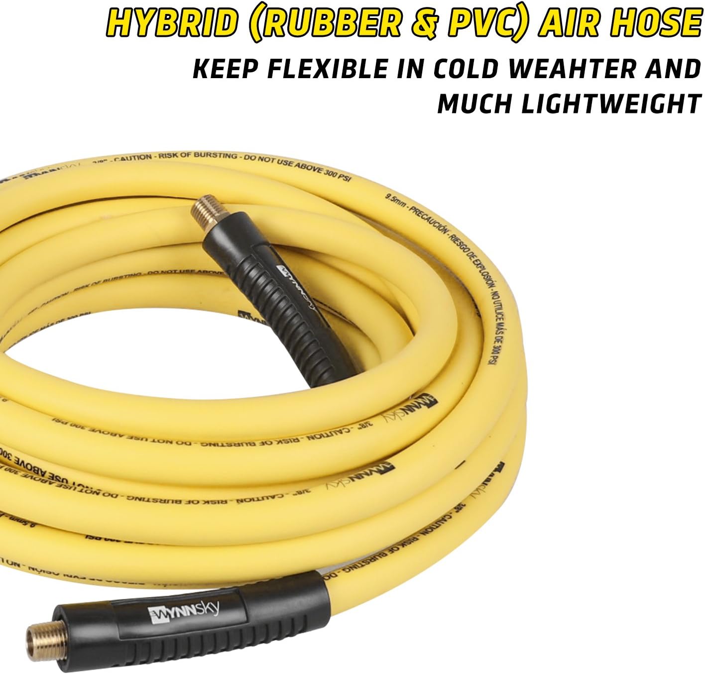 3/8" Hybrid Air Hose 50ft 1/4" MNPT Air Compressor Hose Heavy Duty Lightweight Hybrid and Bend Restrictor Fittings