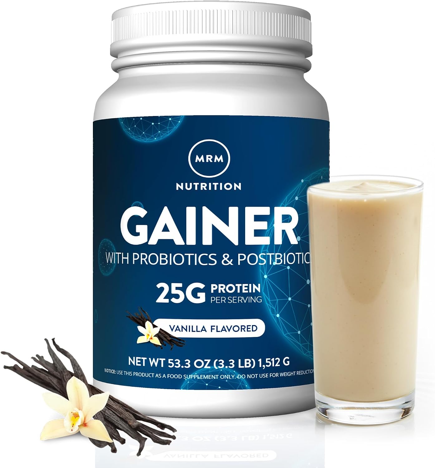 MRM Nutrition Gainer Protein with Probiotics & Postbiotics - 18 Servings | Vanilla Flavored for Men & Women, 25g of Whey Protein Concentrate & Isolate, Micellar Casein, & Digestive Enzymes