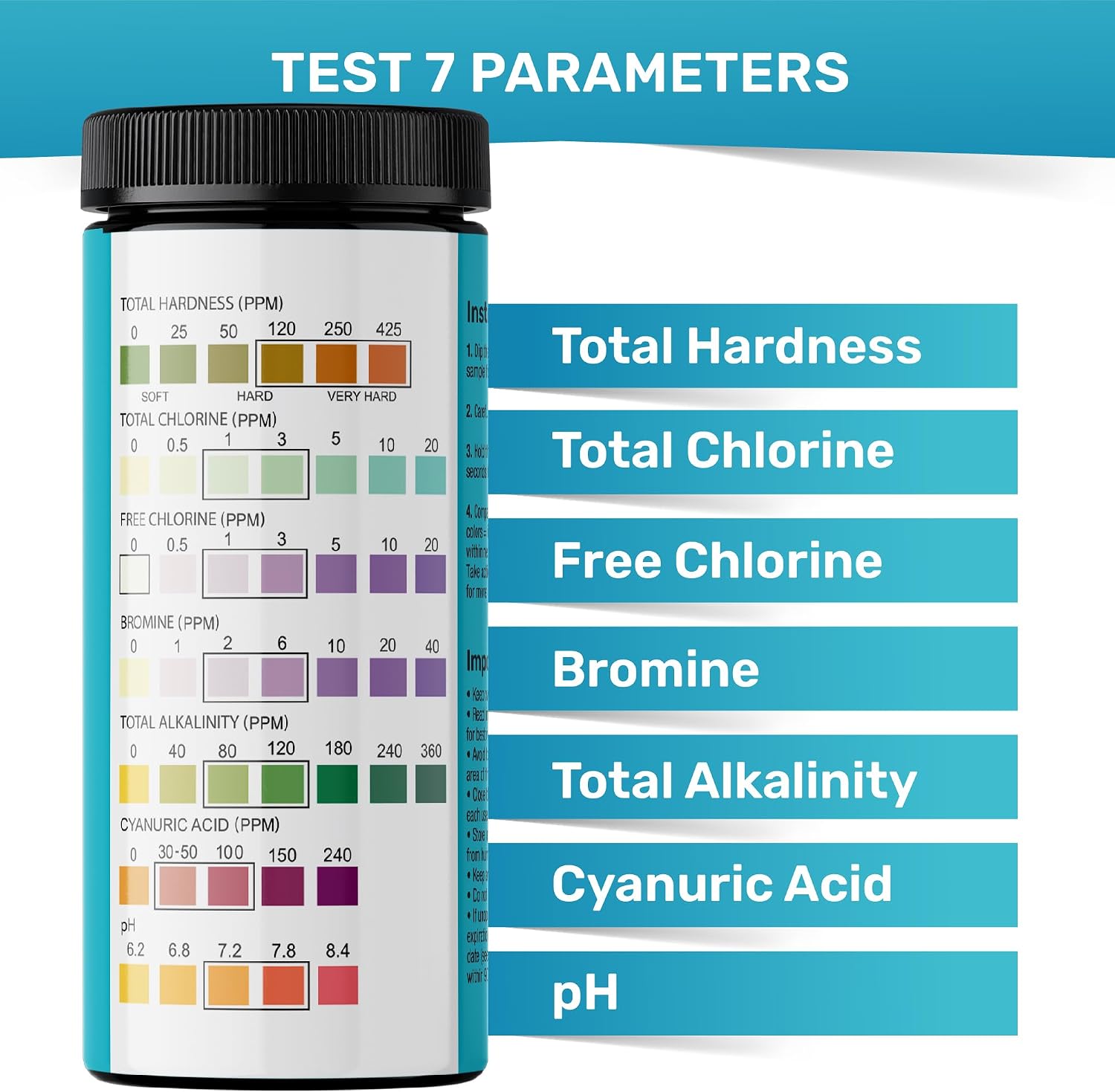 Pool Test Strips for Pools and Spas - 7 in 1 Water Test 100 Pack | Includes 100 pool test strips that measure chlorine, bromine, pH, alkalinity, hardness and cyanuric acid in 30 seconds.