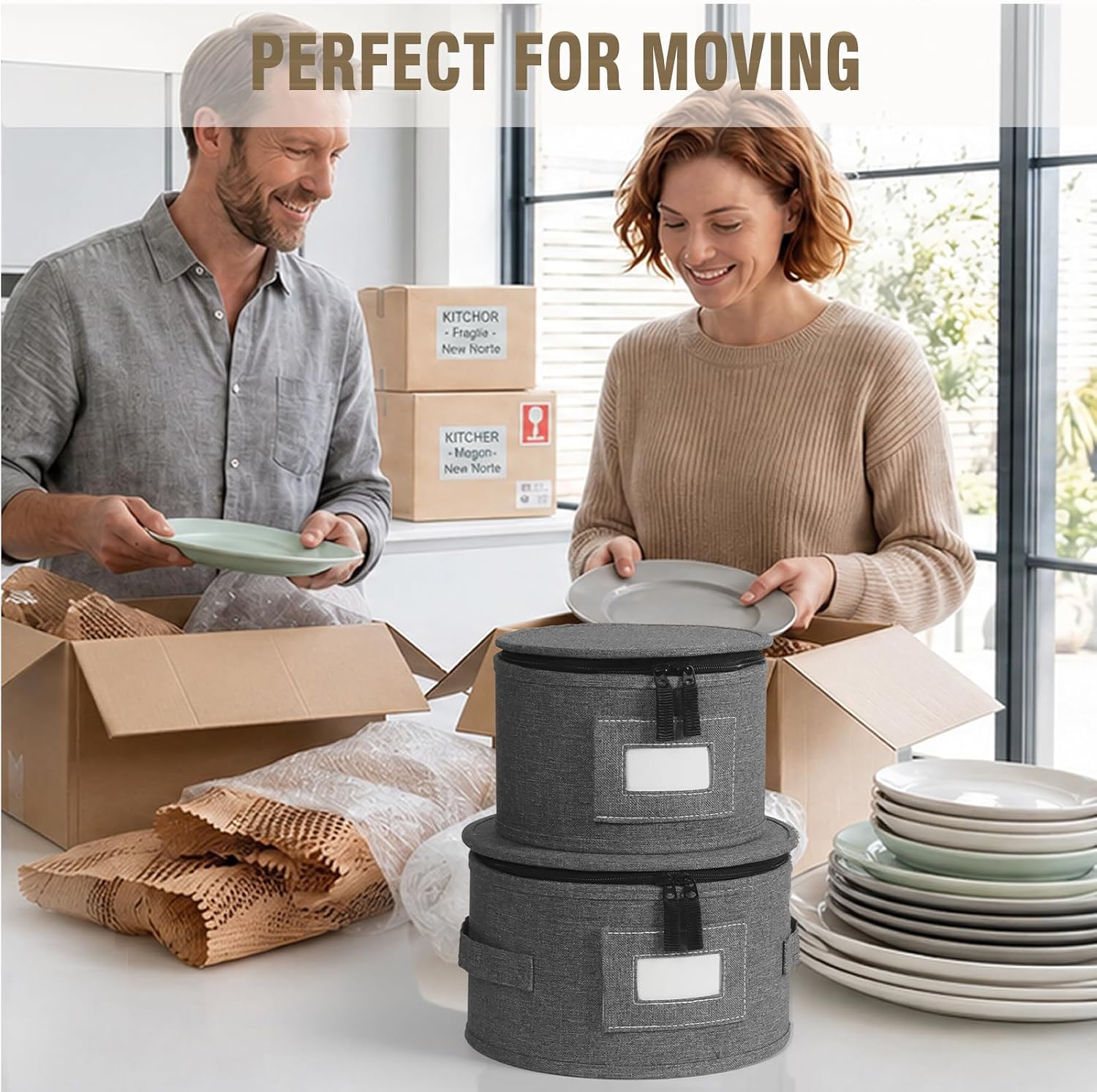 4PCS China Storage Containers, Hard Shell Dish Storage Containers w/ Felt Dividers, Quilted Plate Storage Cases for 12 Place Setting Charger Plates Dinnerware, Stackable Moving Boxes for Dishes
