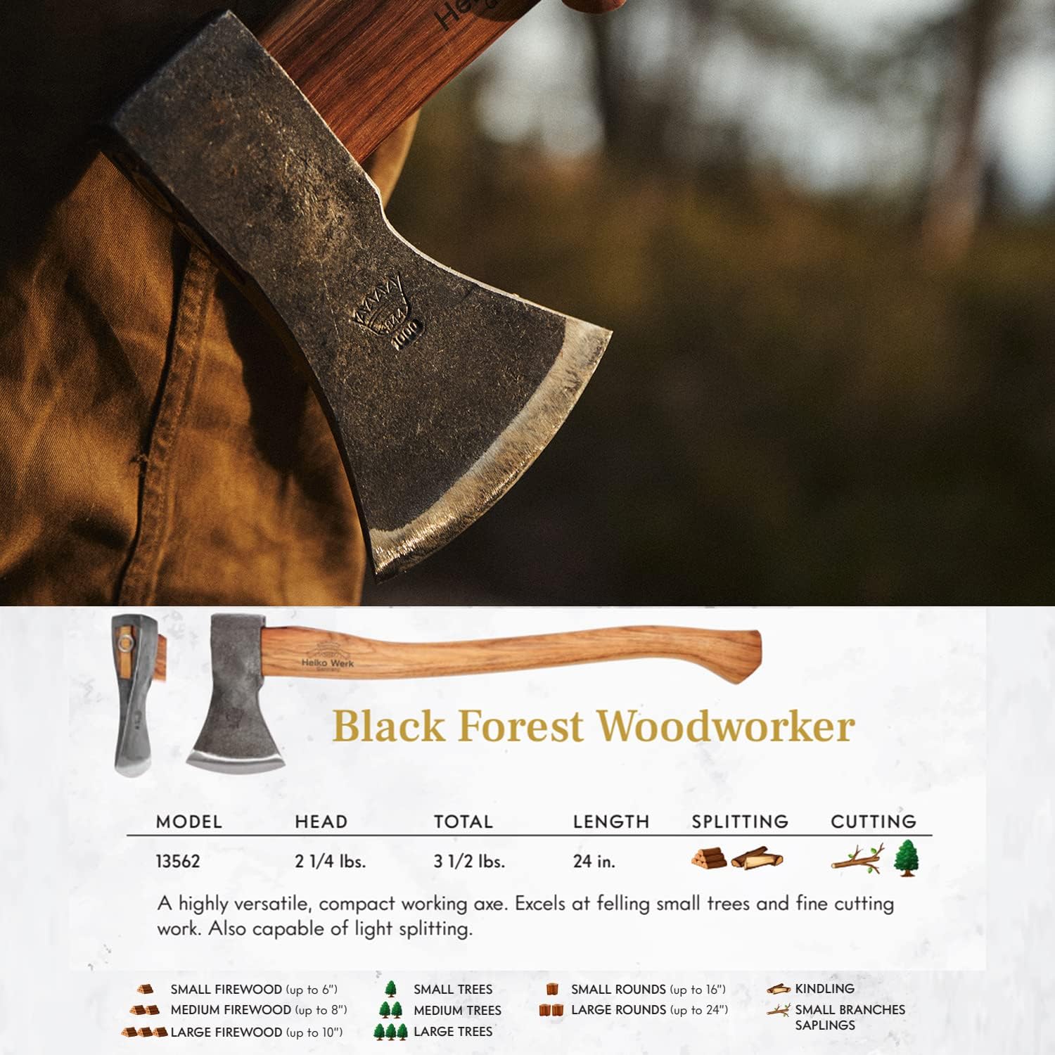 1844 Helko Werk Germany Traditional Hessen Woodworker Felling Axe (13563) | Made in Germany Hand Forged Felling Axe and Cutting Forest Axe for Felling Trees Head 2-3/4 lbs, Handle 28 inches