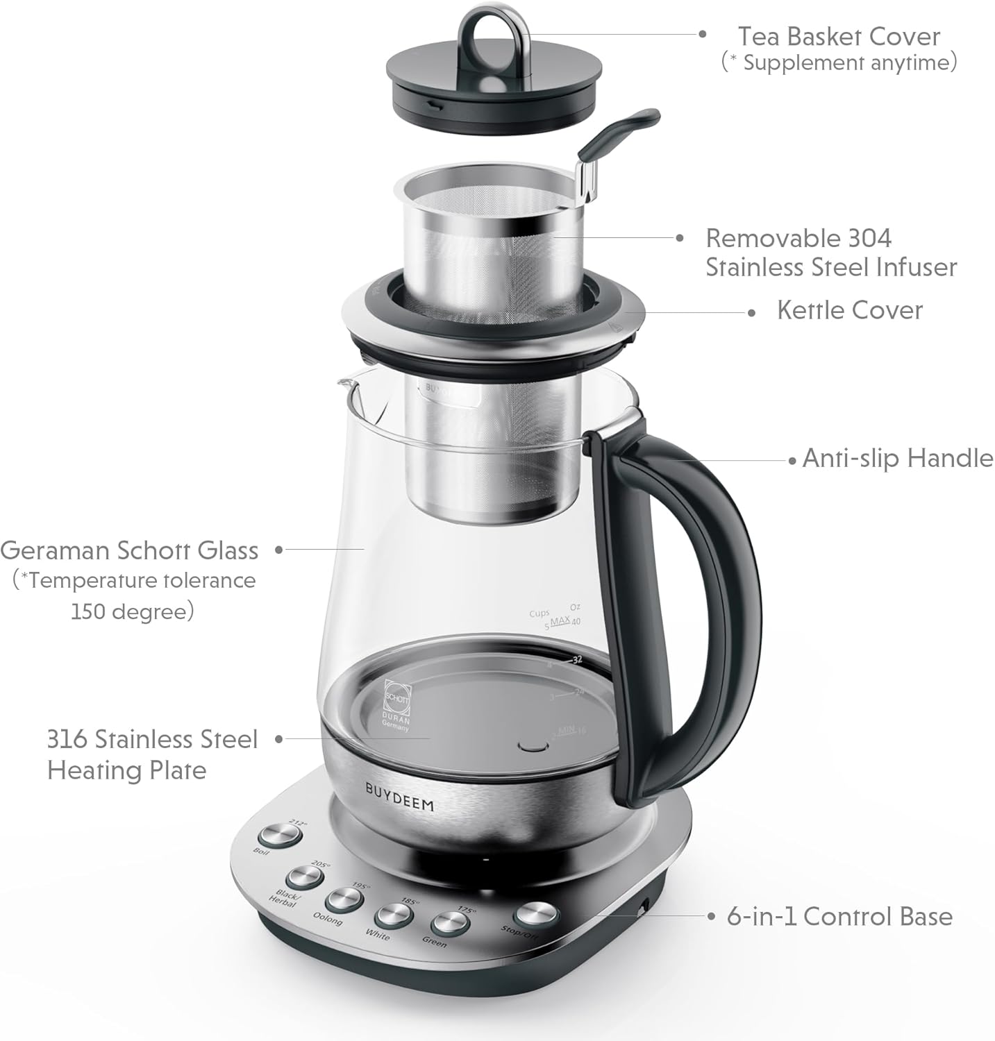 BUYDEEM K2423 Tea Maker, 5 Temperature Settings, Removable Infuser, 1.2L