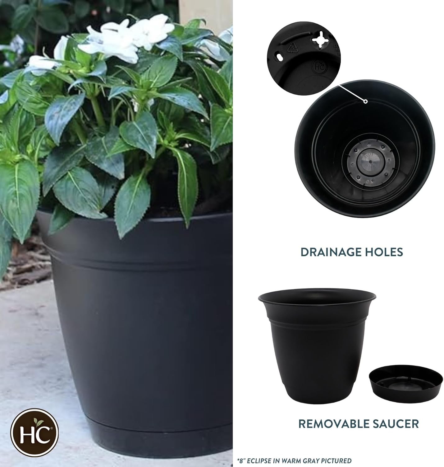 The HC Companies Eclipse Round Planter with Saucer - Outdoor & Indoor Plant Pot with Drainage Holes - Lightweight