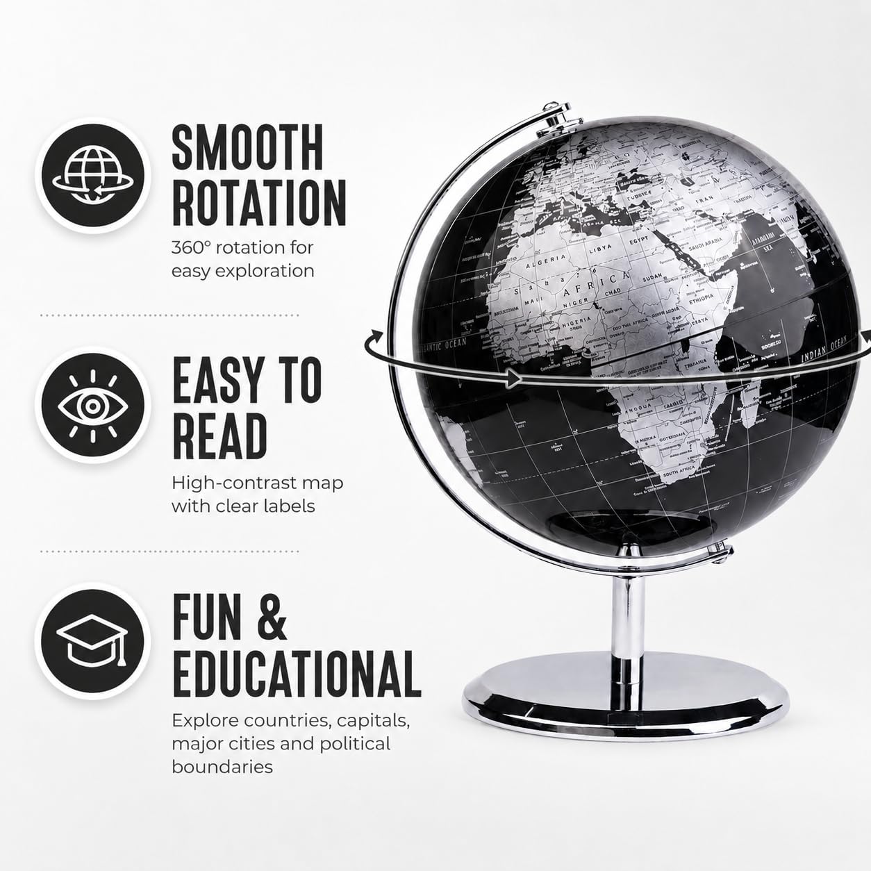 EXERZ 5.5 Inches Mini World Globe Black Rotating Desktop Globe | With Stainless Steel Base for Home Office School