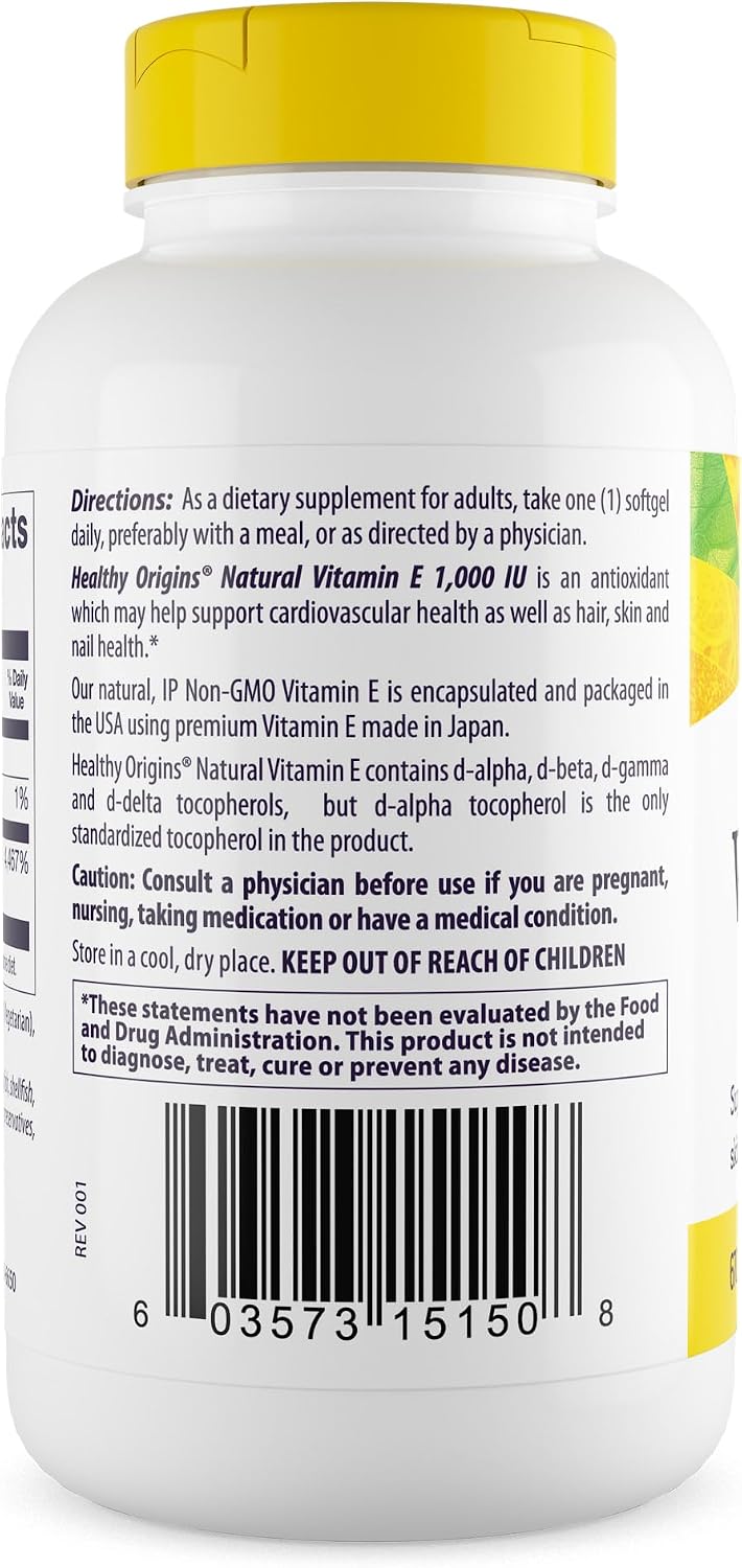 Healthy Origins Vitamin E 1,000 IU, Natural Mixed Tocopherols, 120 softgels