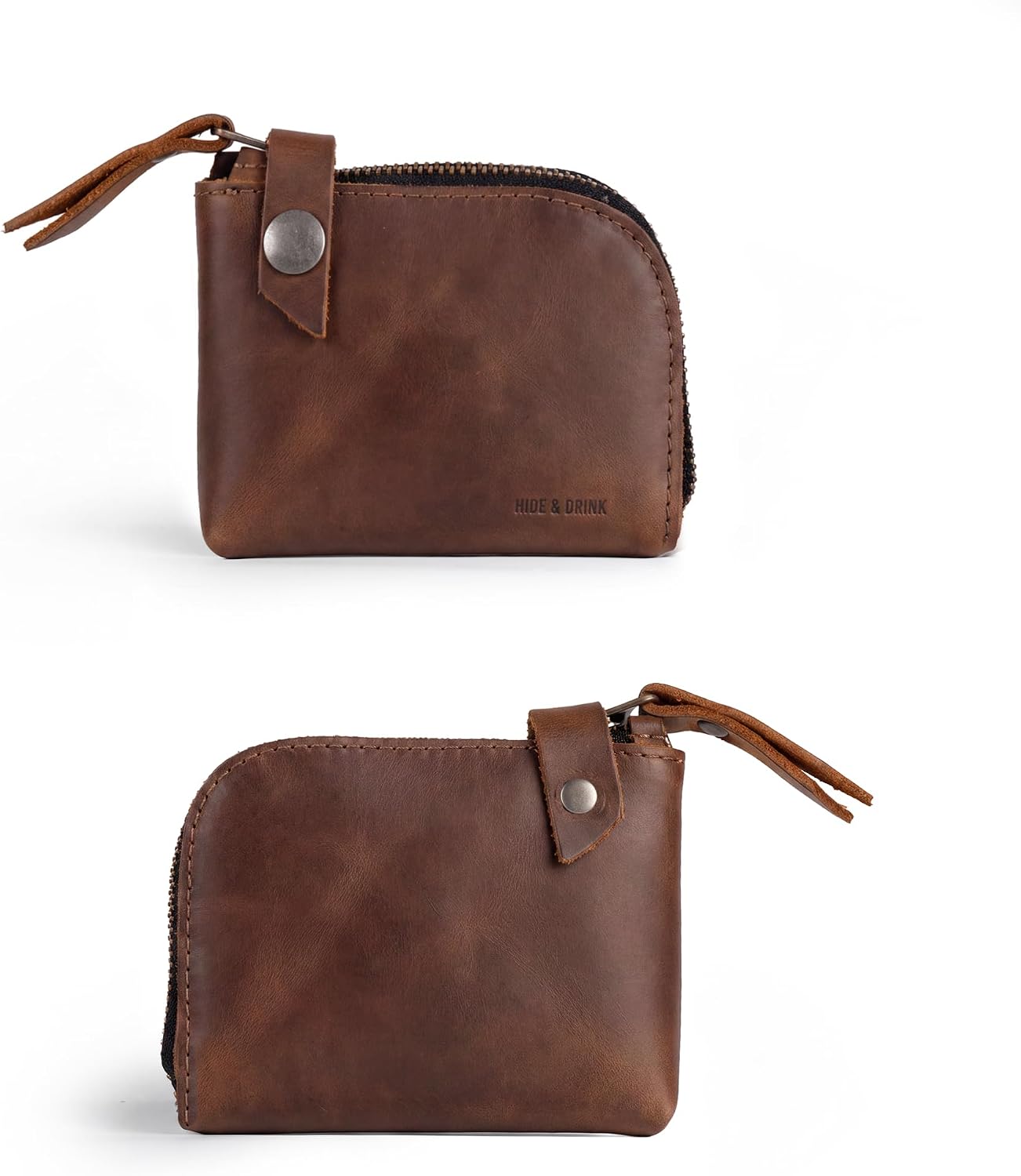 Hide & Drink, Leather Zippered Wallet, Holds Up to 6 Cards Plus Folded Bills, Pouch Organizer, Cash Holder, Travel Essentials, Mini, Pocket-Size, Handmade (Bourbon Brown)