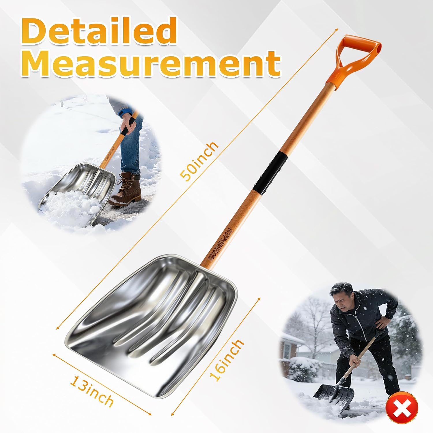 Scoop Shovel, Snow Shovel for Driveway, Non-Slip Wood Handle, D-Handle | Clear Snow