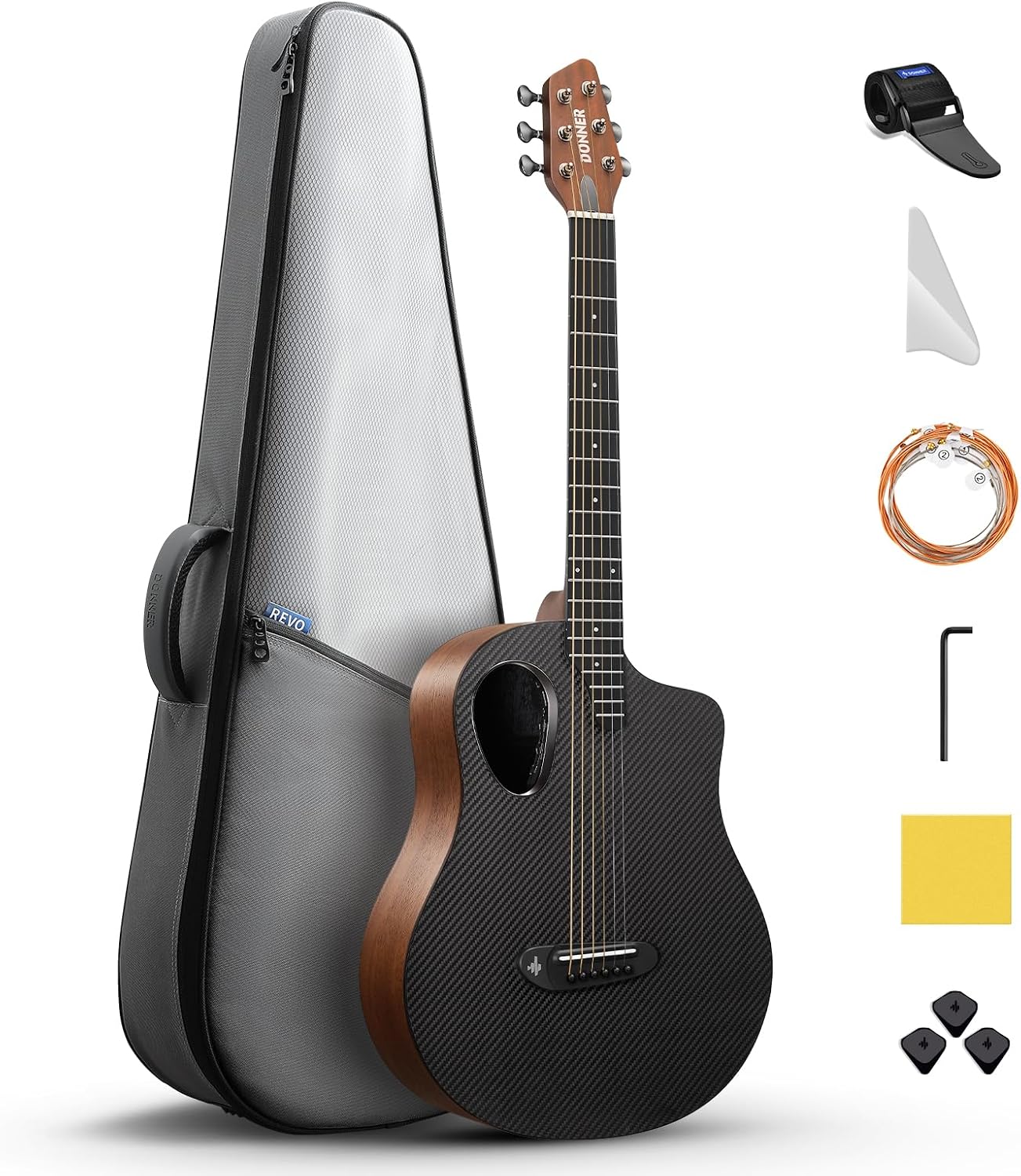 Donner Carbon Wood Acoustic Electric Guitar Bundle for Beginner Intermediate with Built-in Pickups, 38 Inch, RISING-G2 (Wine Red)