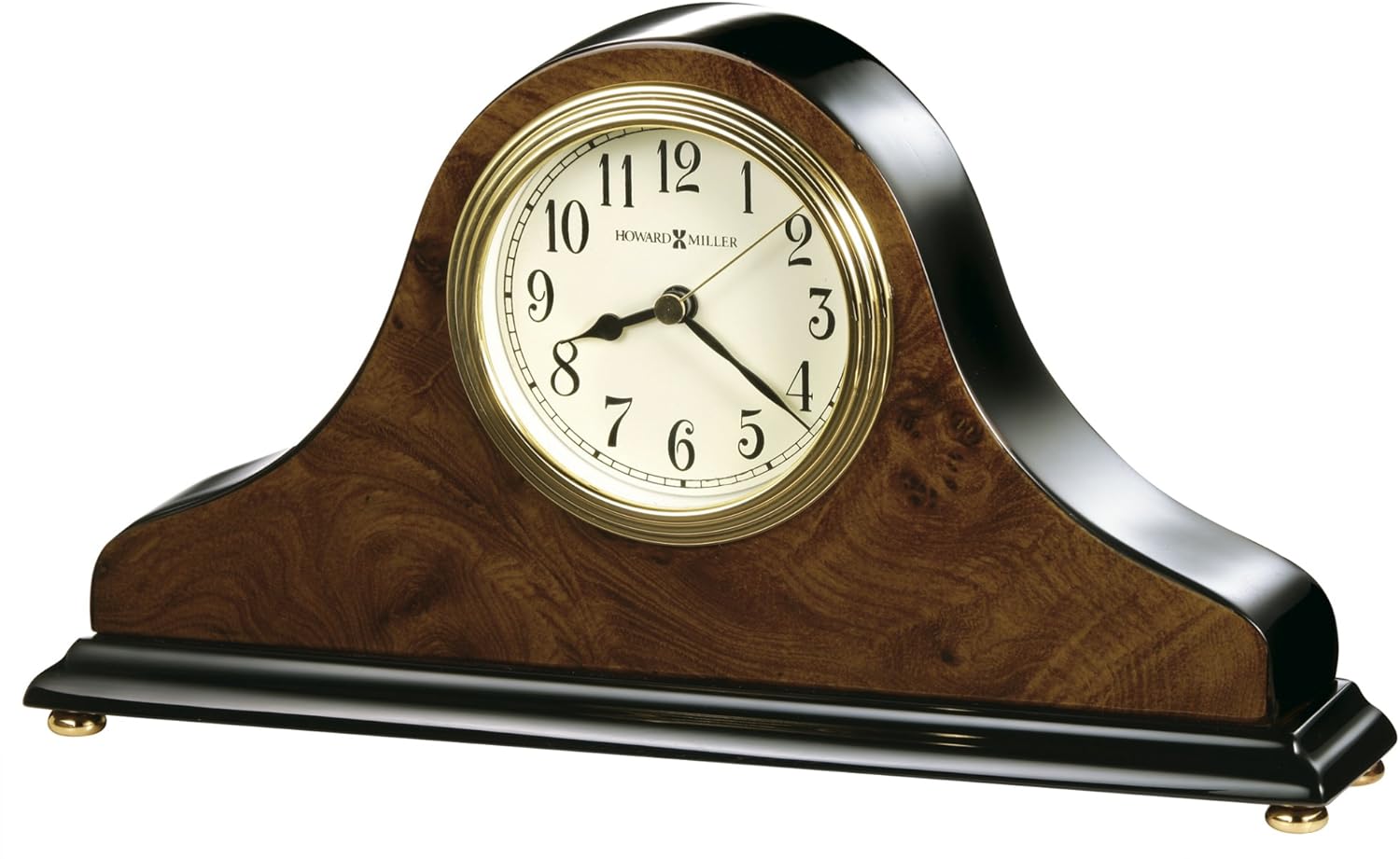 Howard Miller Baxter Tambour Mantel Clock – Burl Wood & Walnut Finish, Arabic Numerals, Brass Accents, Quartz Movement
