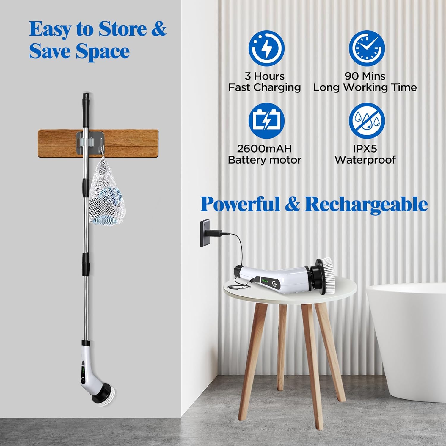 Electric Spin Scrubber, Cordless Bath Tub Power Scrubber with 8 Replaceable Drill Brush Heads