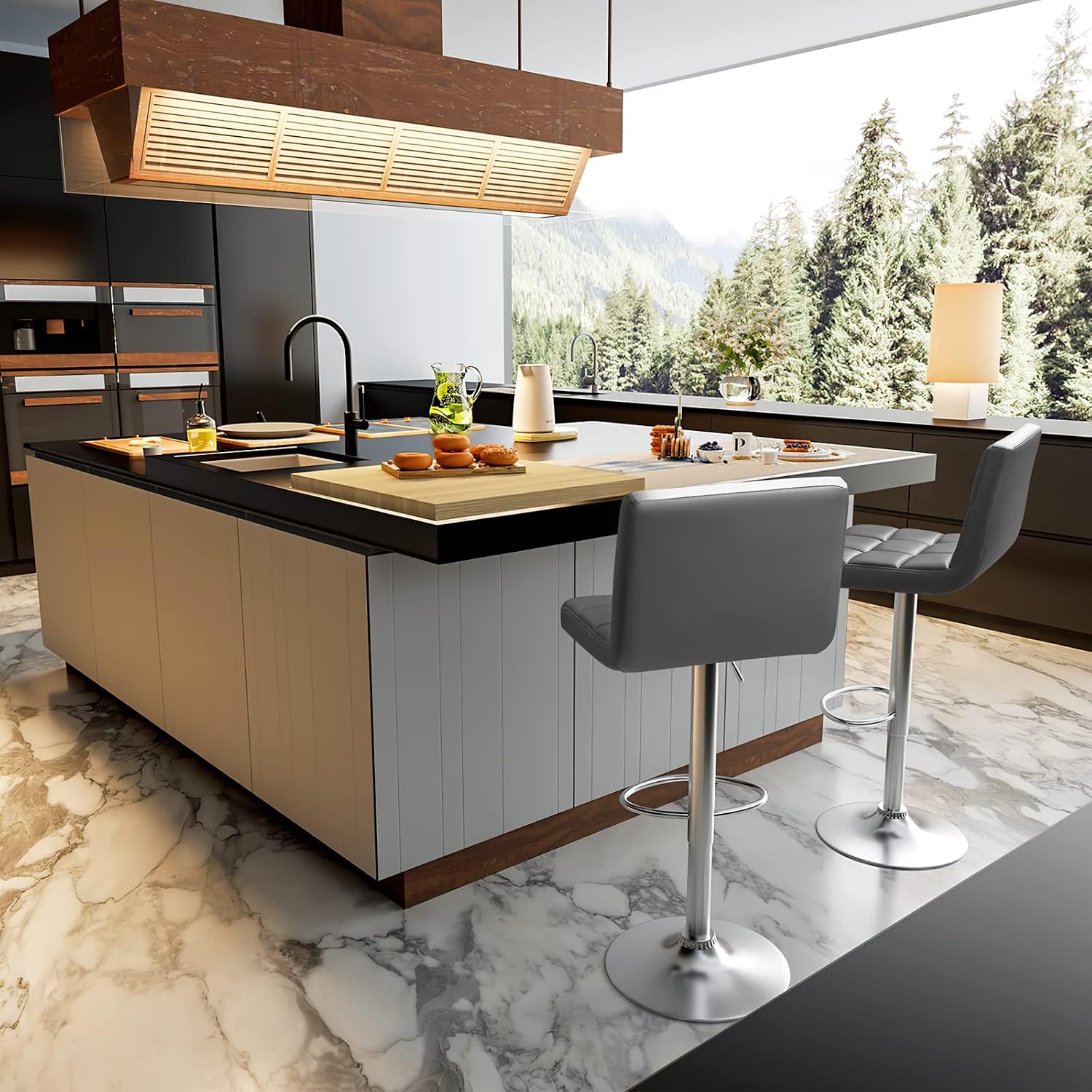 Homall Bar Stools Modern PU Leather Adjustable Swivel Barstools, Armless Hydraulic Kitchen Counter Bar Stool Extra Height Square Island Barstool with Back Set of 2 (Leather, White)