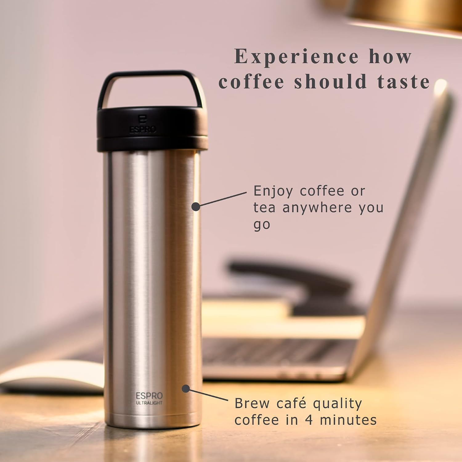 ESPRO Go P0 Ultralight French Press Coffee Maker for Travel, Vacuum Insulated Stainless Steel, 16 Ounces, Matte Meteorite Black