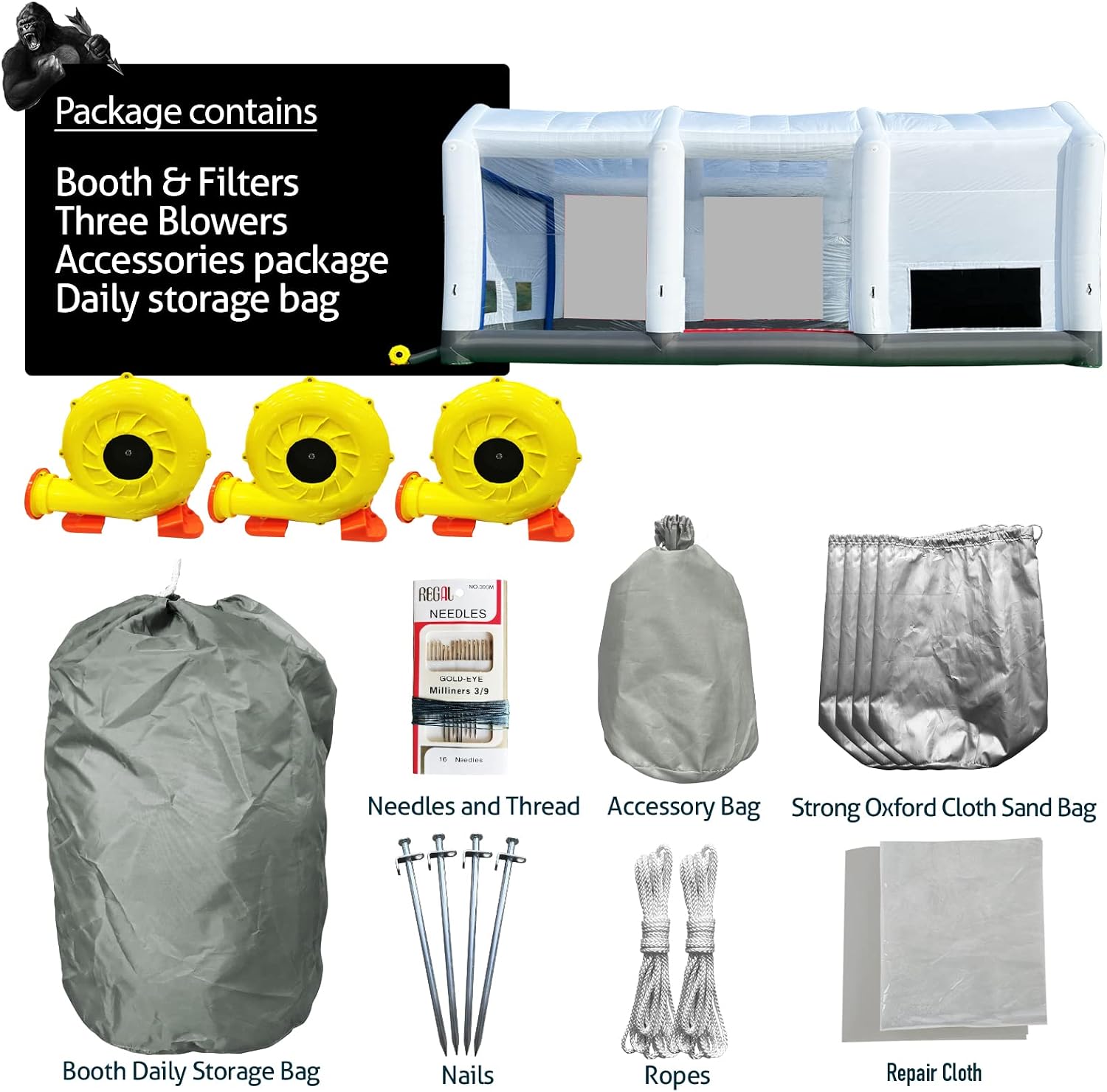 GORILLASPRO Inflatable Paint Booth 26x15x10Ft, Inflatable Spray Booth with (750W + 950W) Blowers, Upgrade Air Filter System Environment Friendly