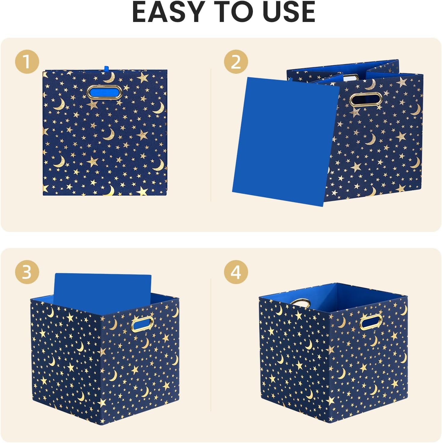 Posprica Storage Bins, Storage Cubes,13×13 Fabric Drawers Organizer Basket Boxes Containers (13×13×13/4pcs, Cream/gold geometry Pattern)
