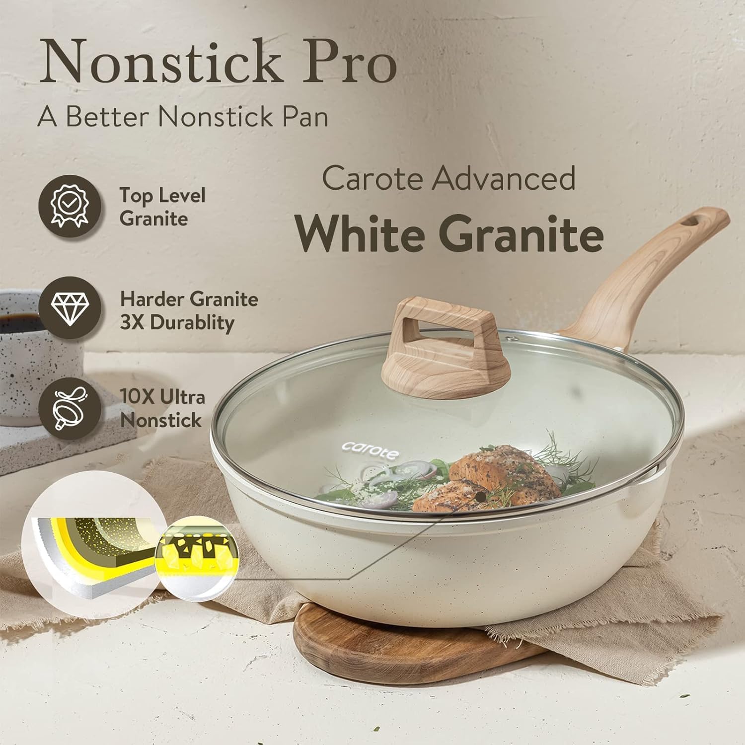 CAROTE 12 Inch Nonstick Deep Frying Pan with Lid, 5.5 Qt Black Granite | Kitchen Non-Toxic PFOA Free Cookware, Covered Sauté Pans All Stovetops Compatible, Easy to Clean