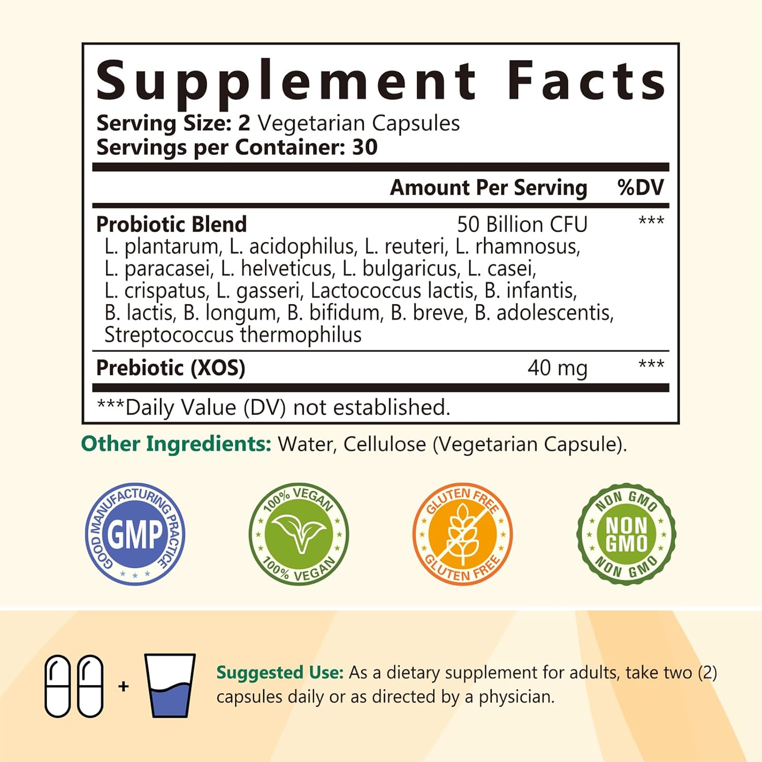 Probiotics 50 Billion per Serving, 18 Probiotic Strains, 60 Veggie Capsules - Non-GMO, Gluten Free