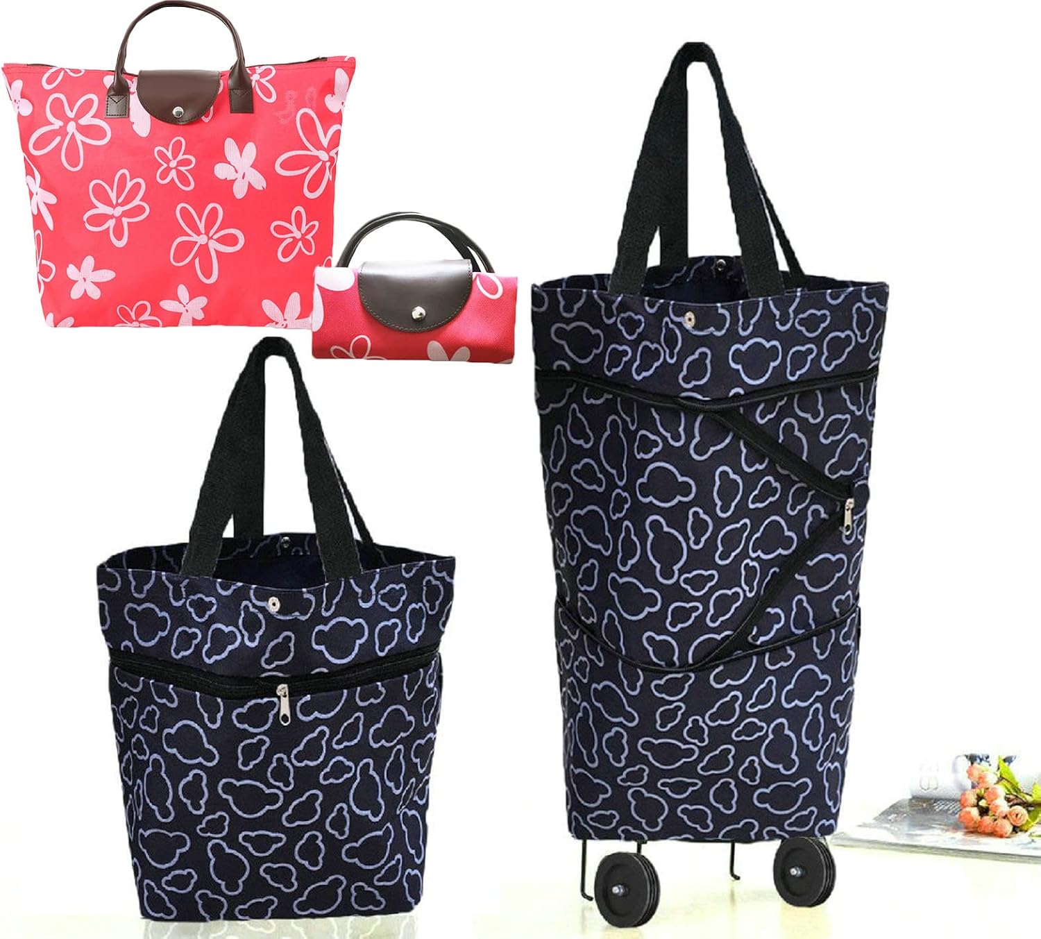 Collapsible Shopping Bag with Wheels Portable Shopping Cart with 360° Swivel Wheels Rolling Tote Bag Reusable Grocery Bag Trolley Bag on Wheels for Travel Shopping and Daily Use(Blue)
