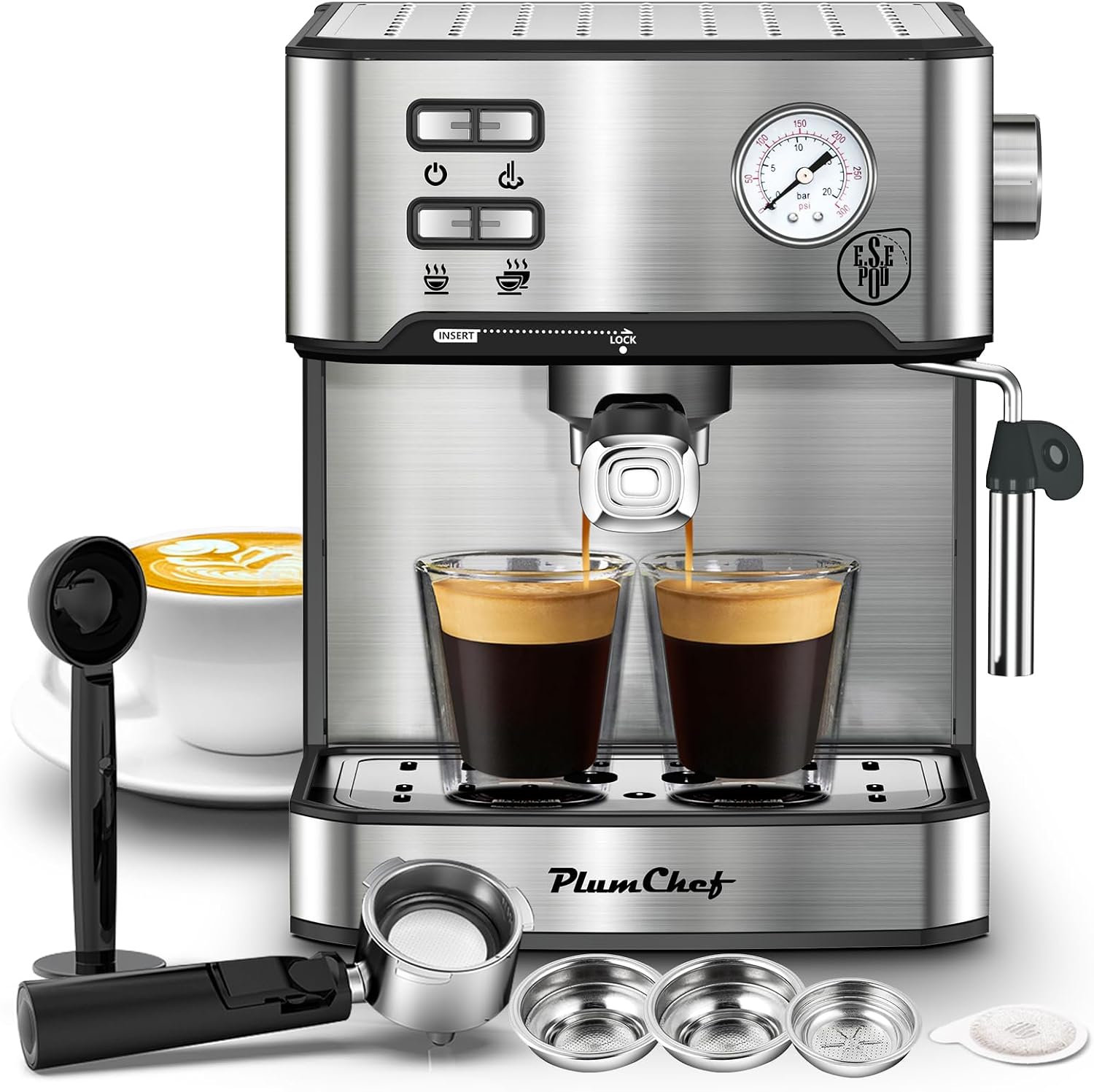 Plum chef Espresso Machine 20 Bar, Household Coffee Maker with Milk Frother Steam Wand, Pressure Gauge, 54oz Large Water Tank, Low Noise Fast Brew for Cappuccino Latte Macchiato Home Office