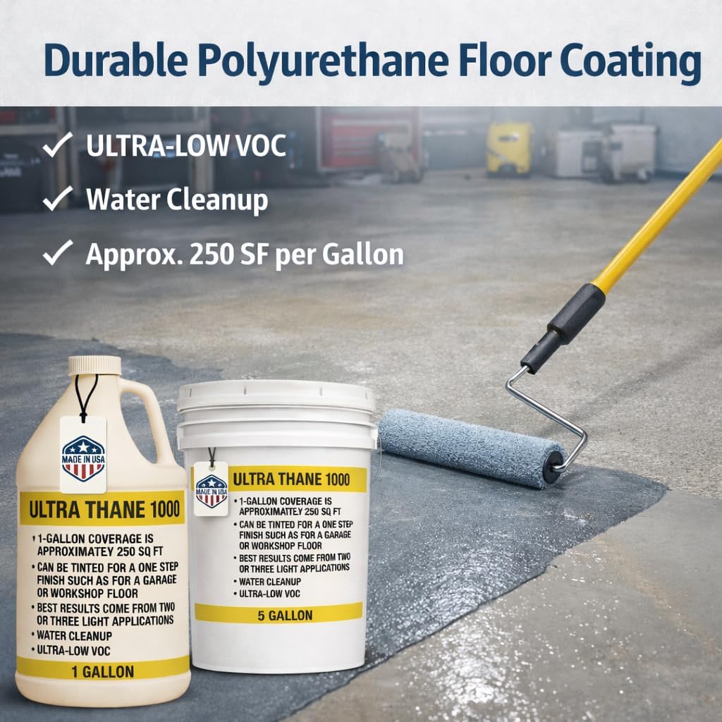 Ultra Thane 1000 Single Component Polyurethane Concrete Floor Sealer –UV & Stain-Resistant Aliphatic Urethane – Clear Protective Finish for Concrete, Overlays & Microtoppings - 5 Gallon