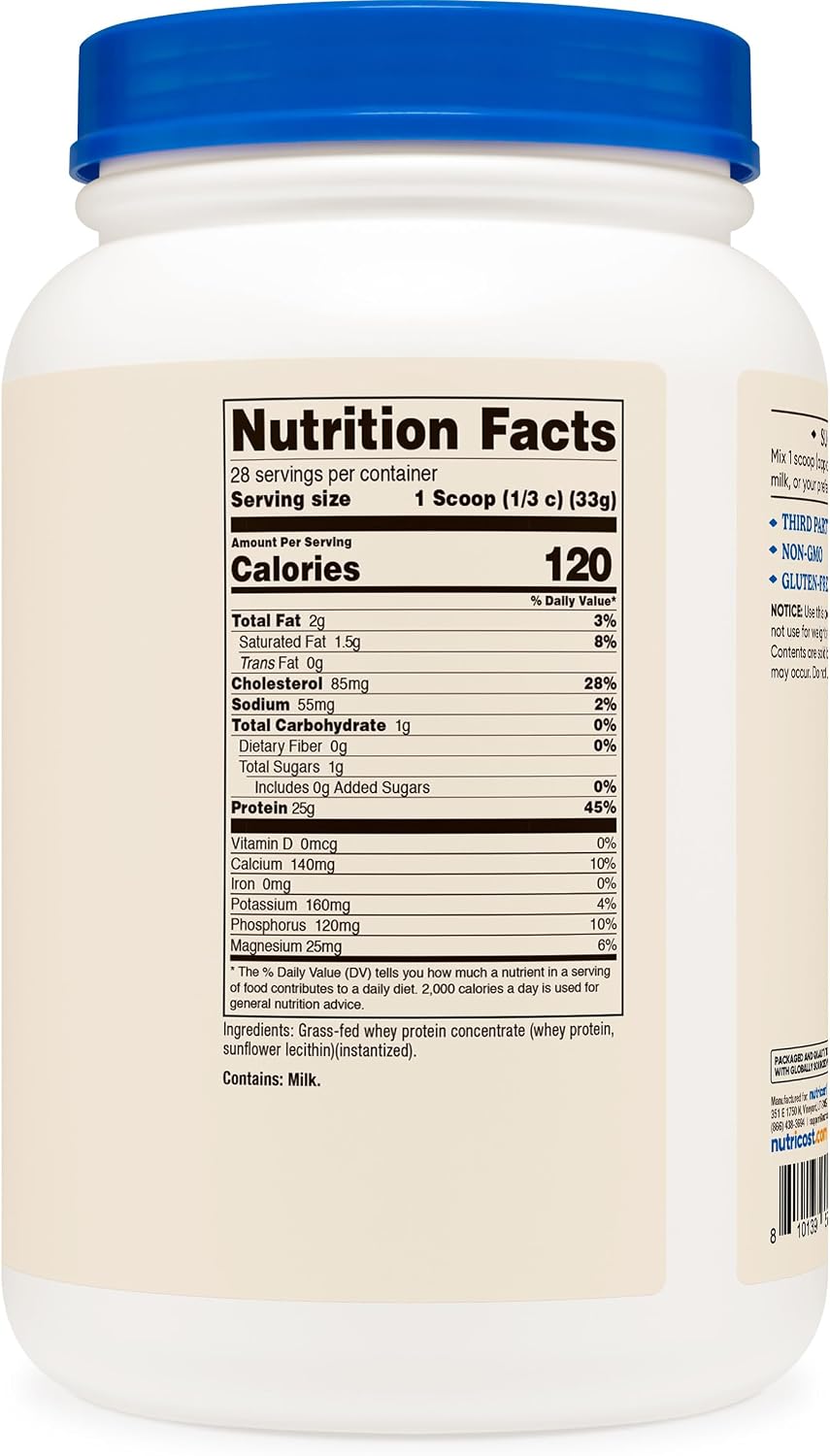 Nutricost Grass-Fed Whey Protein Concentrate (Unflavored) 2LBS | Undenatured, GMO-Free, Gluten Free, Natural Flavors