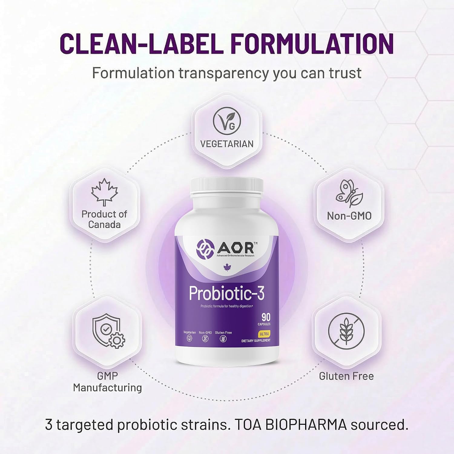 AOR Probiotic Capsules for Gut Health, Shelf Stable, 90 Capsules 30-45 Days | No Refrigeration for Travel, Three Strain Formula, Survives Digestion