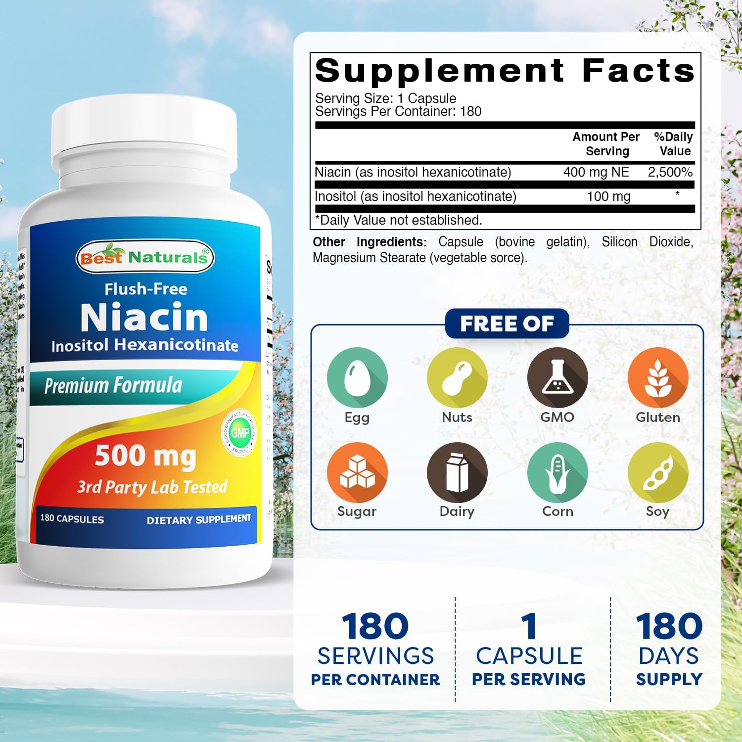 Best Naturals Flush-Free Niacin Inositol Hexanicotinate 500 mg 180 Capsules