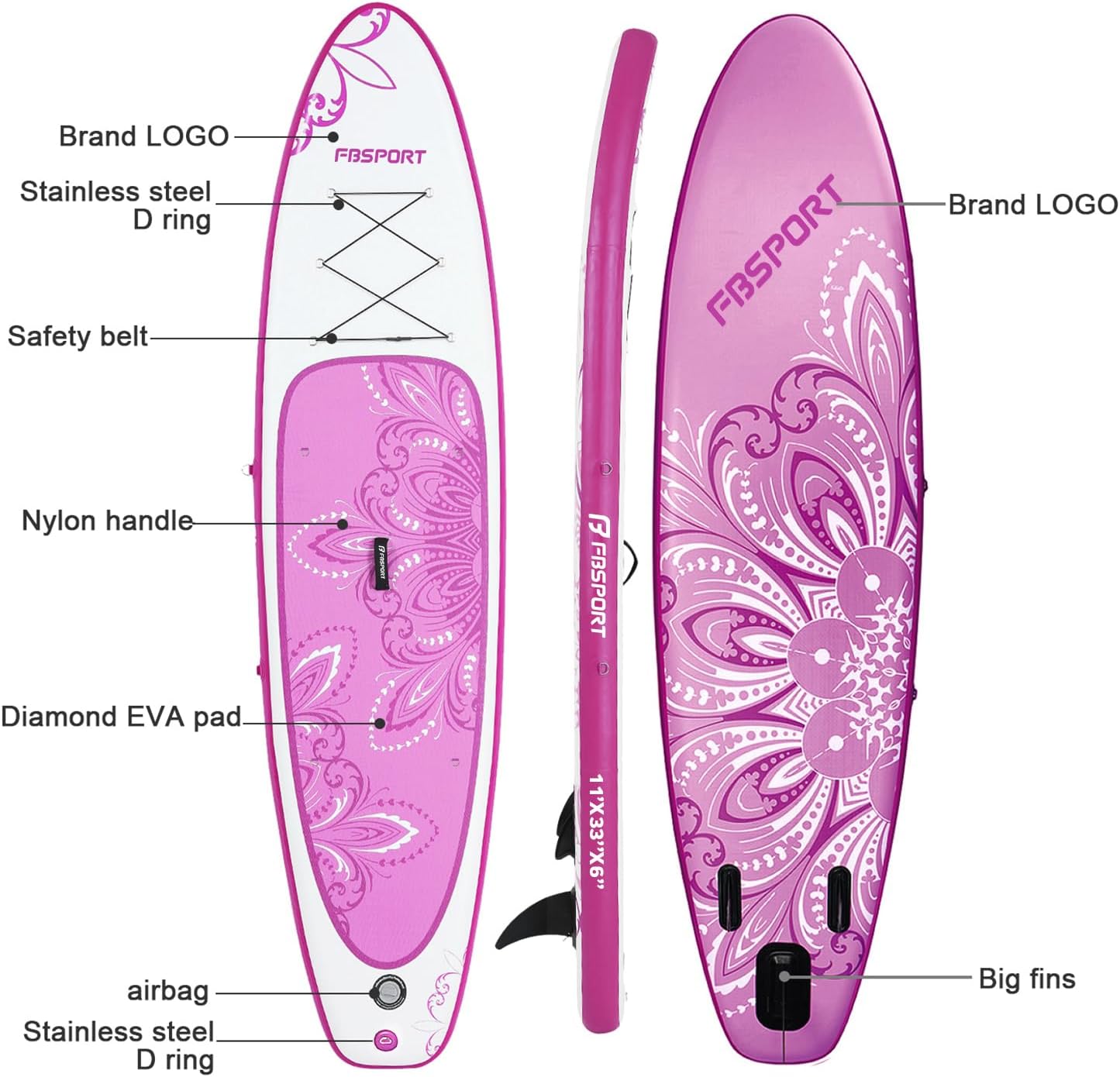 FBSPORT 11' Premium Stand Up Paddle Board, Yoga Board with SUP Accessories & Carry Bag | Wide Stance, Surf Control, Non-Slip Deck, Leash