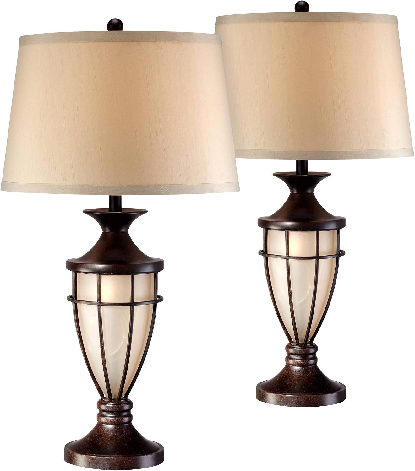 Cage 33" Large Table Lamp Mission Night Light Champagne Nightlight | Brushed Bronze Brown Iron Glass Living Room Bedroom House Bedside Nightstand Home Office Entryway Beige Drum