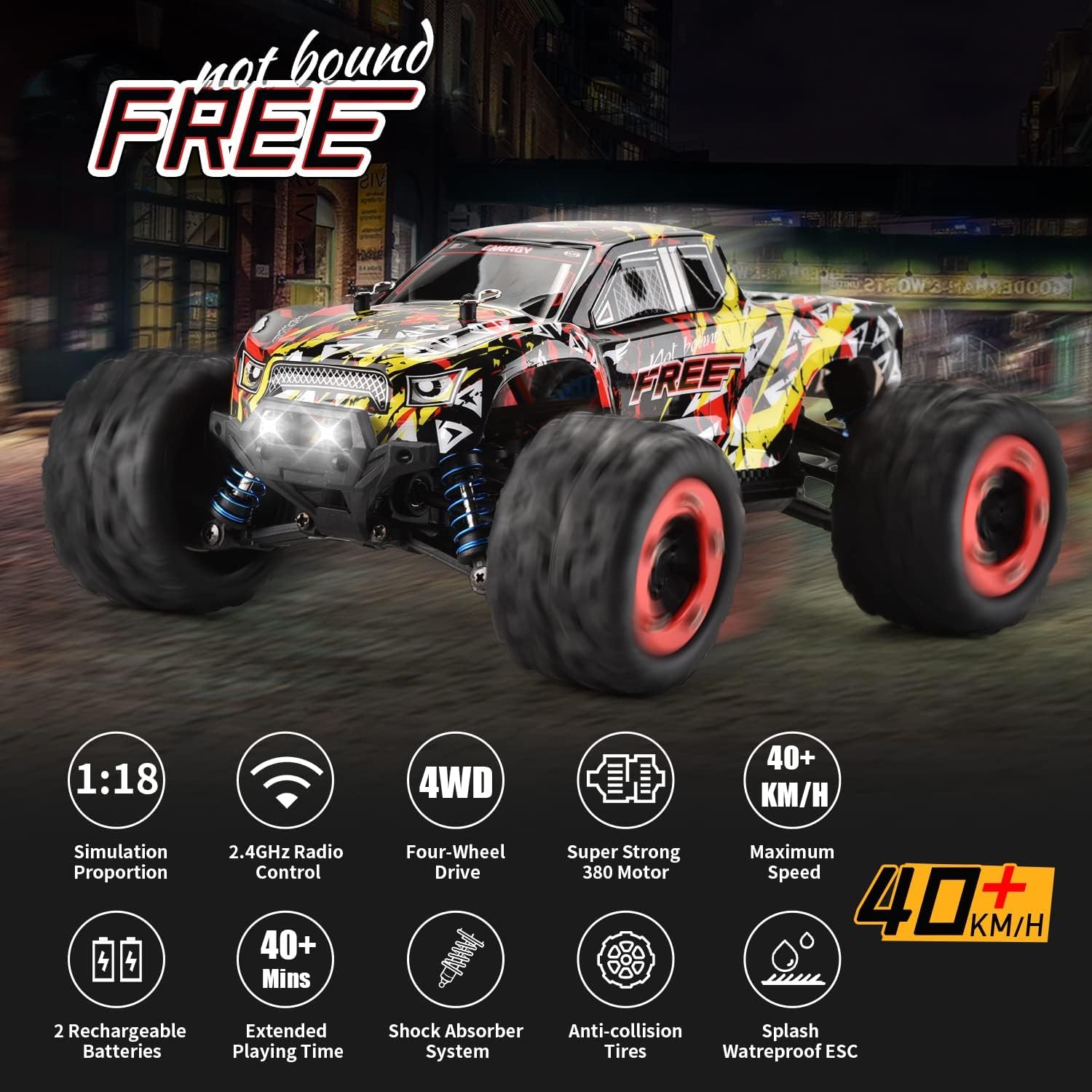 1:16 Scale All Terrain Fast RC Cars for Adults 40KPH, 4WD Electric Off-Road Remote Control Monster Truck with Metal Chassis, 2.4Ghz High Speed Car, Waterproof RC Truck with 2 Batteries for Boys & Kids