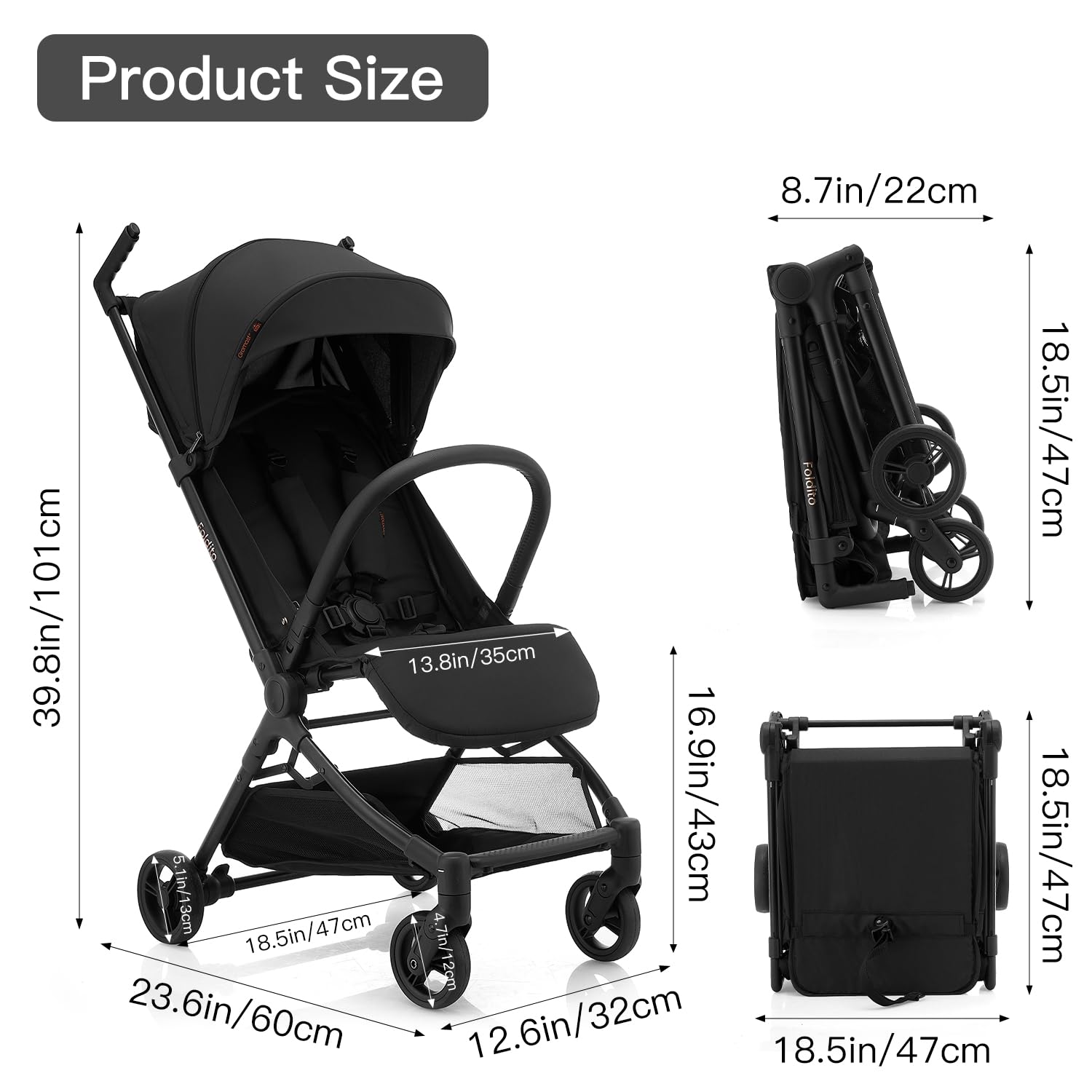 Gromast Travel Stroller for Airplane, Ultra Compact & Lightweight – Only 9.9 lbs, Portable Infant Toddler Baby Stroller, w/UPF 50+ Canopy - Black