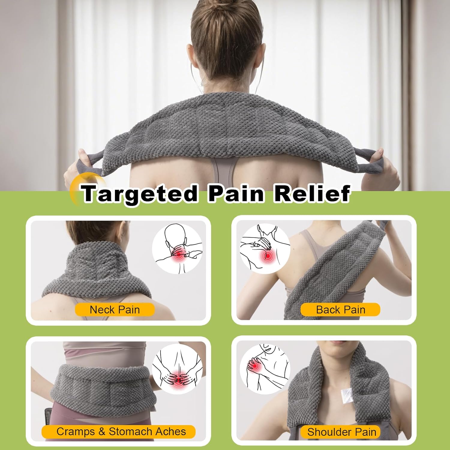 UNCN Long Wide Heating Pad for Neck and Shoulders Back 33x5.9 Microwavable Large Moist Heat Pack Warm Hot Compress Neck Wrap Weighted Bag Massage