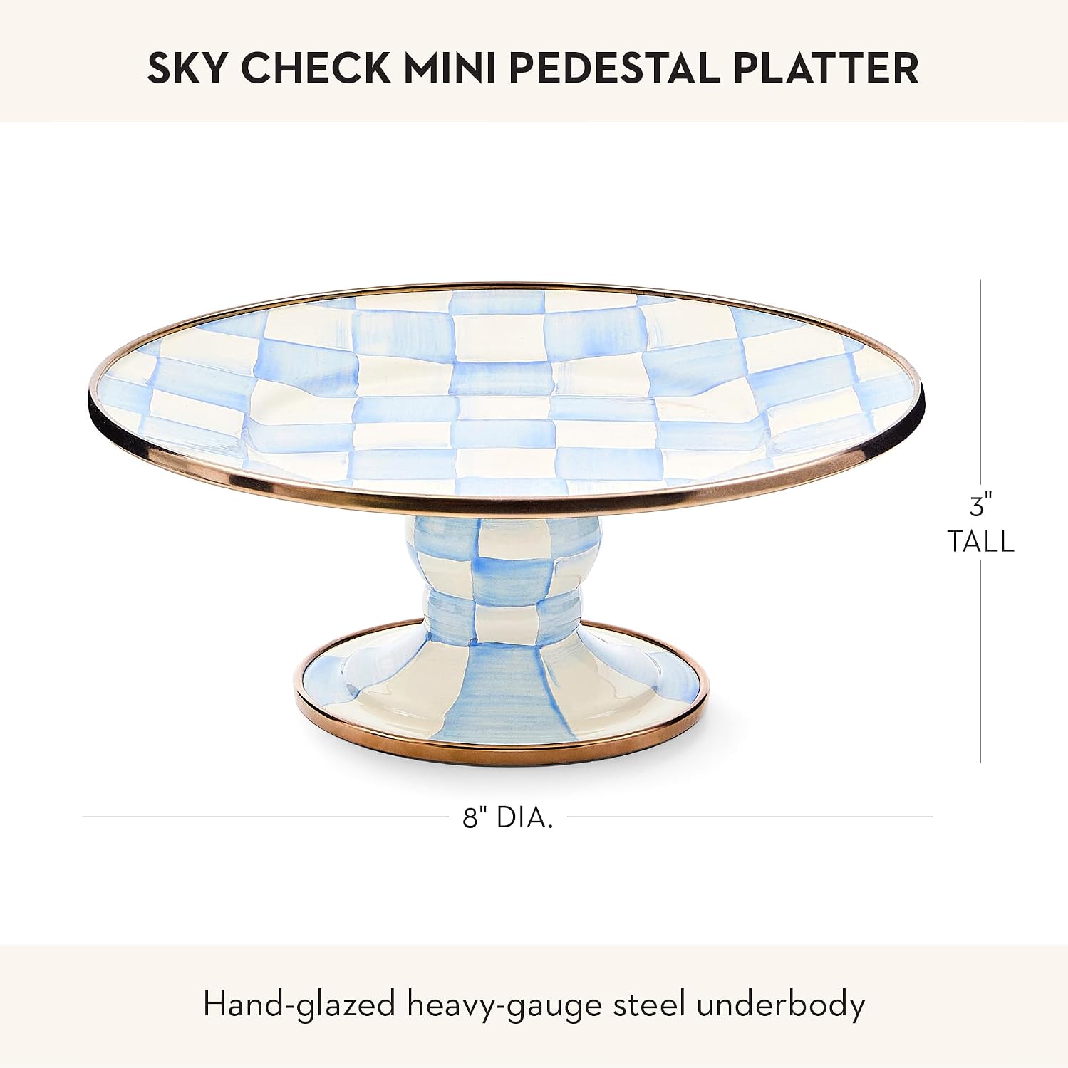 MACKENZIE-CHILDS Pedestal Platter, Mini, Black-and-White Courtly Check | Hand-painted design, made from enameled steel, stackable round cake stand for serving desserts, 8" dia. x 3" H