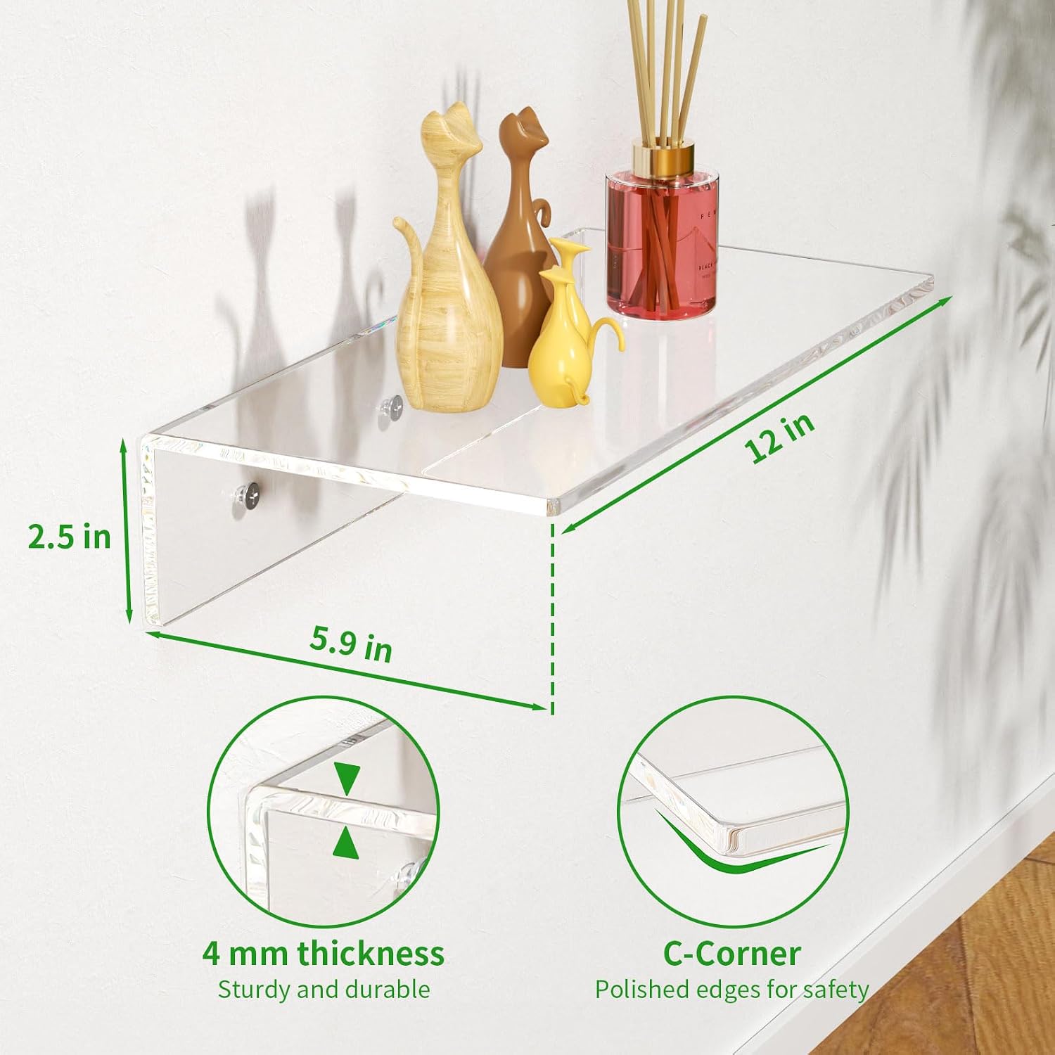 FEMELI 2 PCS 12" Acrylic Floating Shelves, Clear Shelf for Wall Display