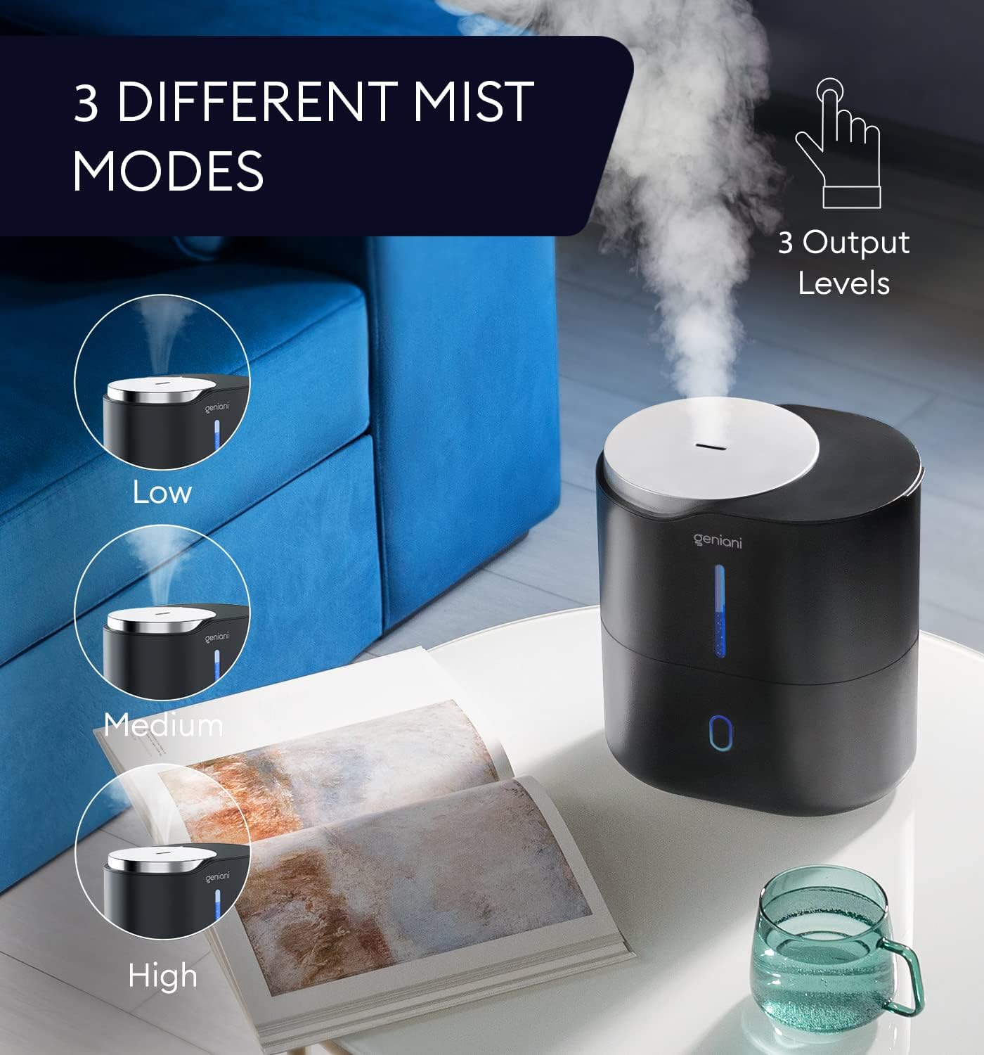 GENIANI Portable Cool Mist Humidifiers for Bedroom & Office - Ultrasonic Humidifier for Home, Baby, Small Room with Auto Shut Off