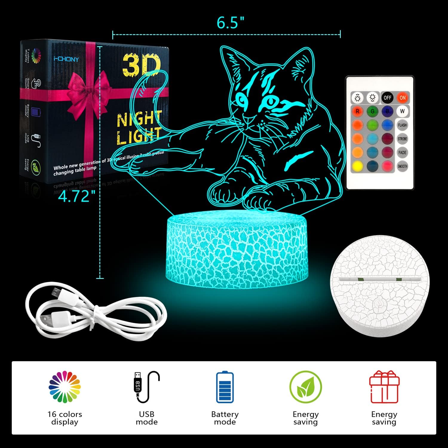 i-CHONY Dinosaur Toy T-Rex 3D Night Light for Kids, 16 Colors Dimmable Dinosaur Led Light with Remote & Smart Touch