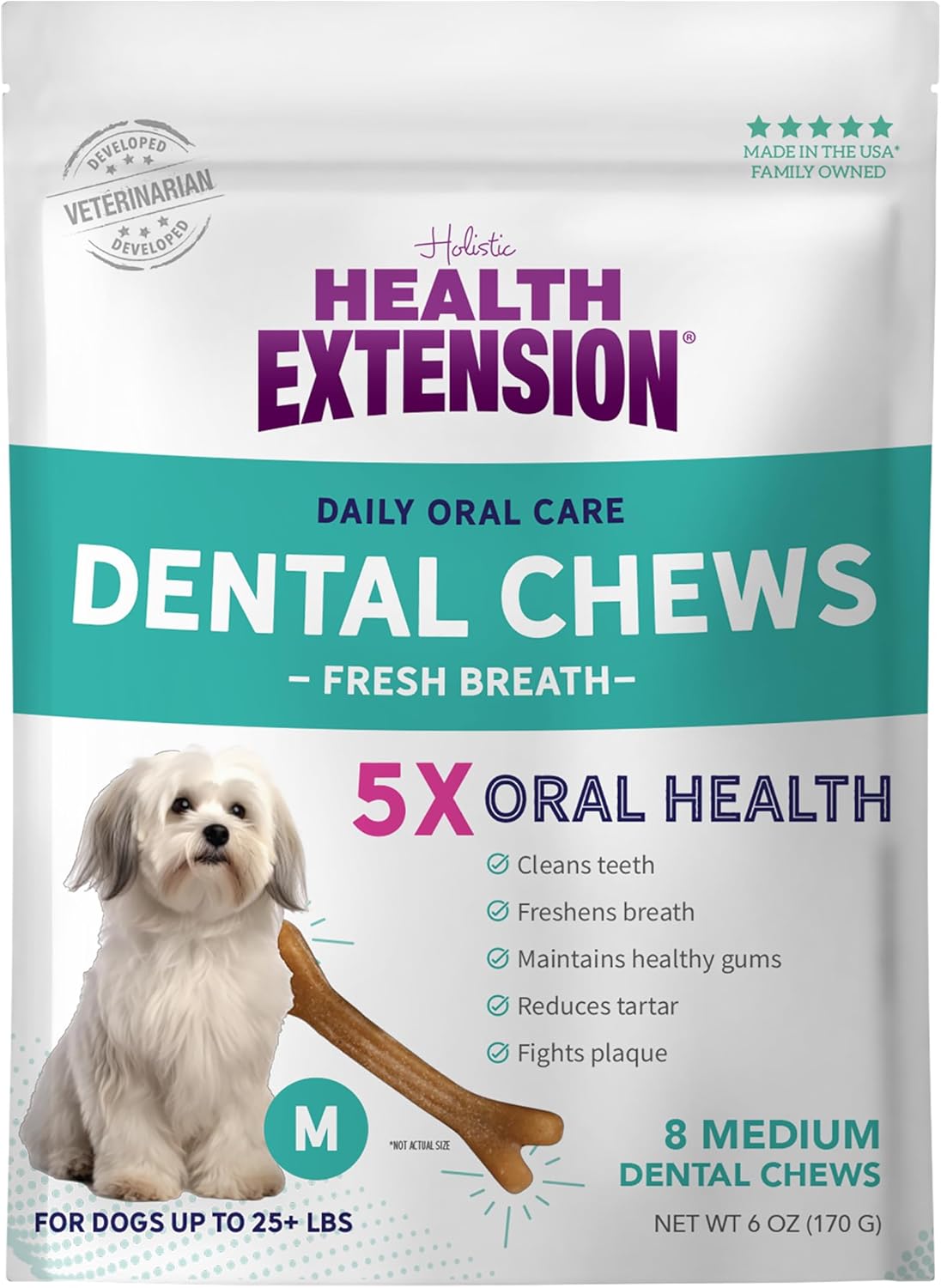 Health Extension Probiotic Dental Bones for Dogs, 14 Small Bones, Cleans Teeth, Healthy Gums, Freshens Breath, Training or Reward, 6 oz Bag (Pack of 1)