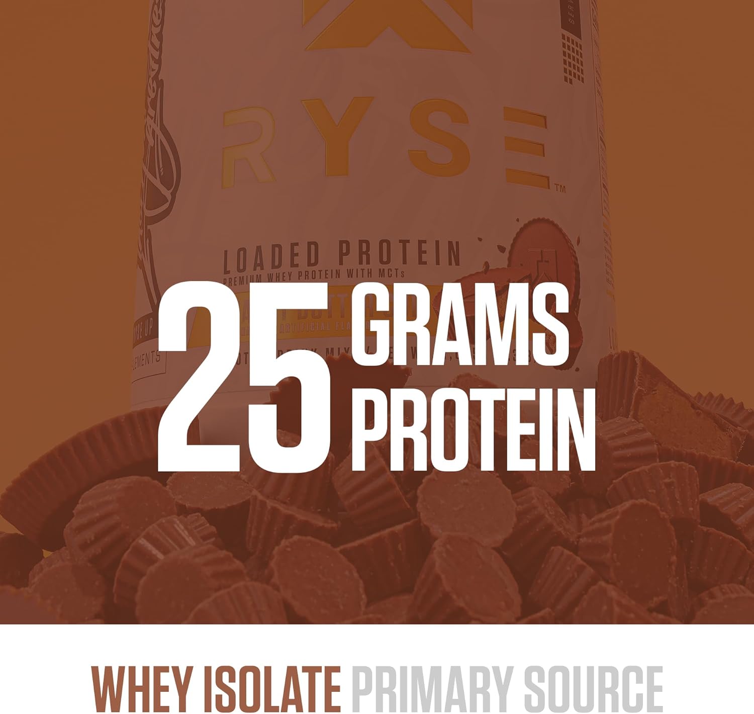 RYSE Loaded Protein Powder - Peanut Butter Cup - 25g Whey Protein Isolate & Concentrate with Prebiotic Fiber & MCTs - Low Carb, Low Sugar