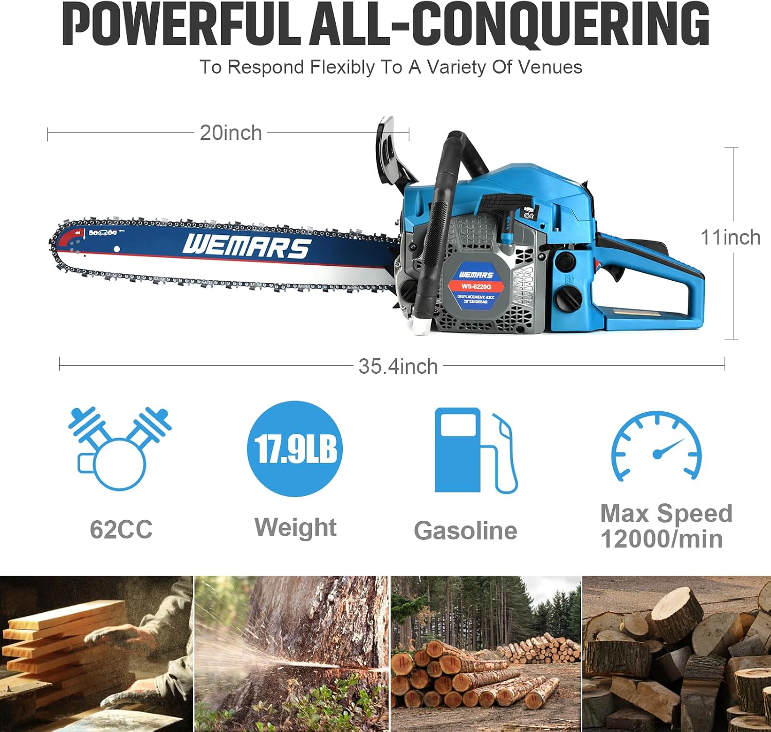 2-cycle 63CC Chainsaw Saw Gas Powered 20" Chain Saws Cordless Petrol Saw Handheld Chainsaw for Cutting Wood Trees Branches (63ACK)
