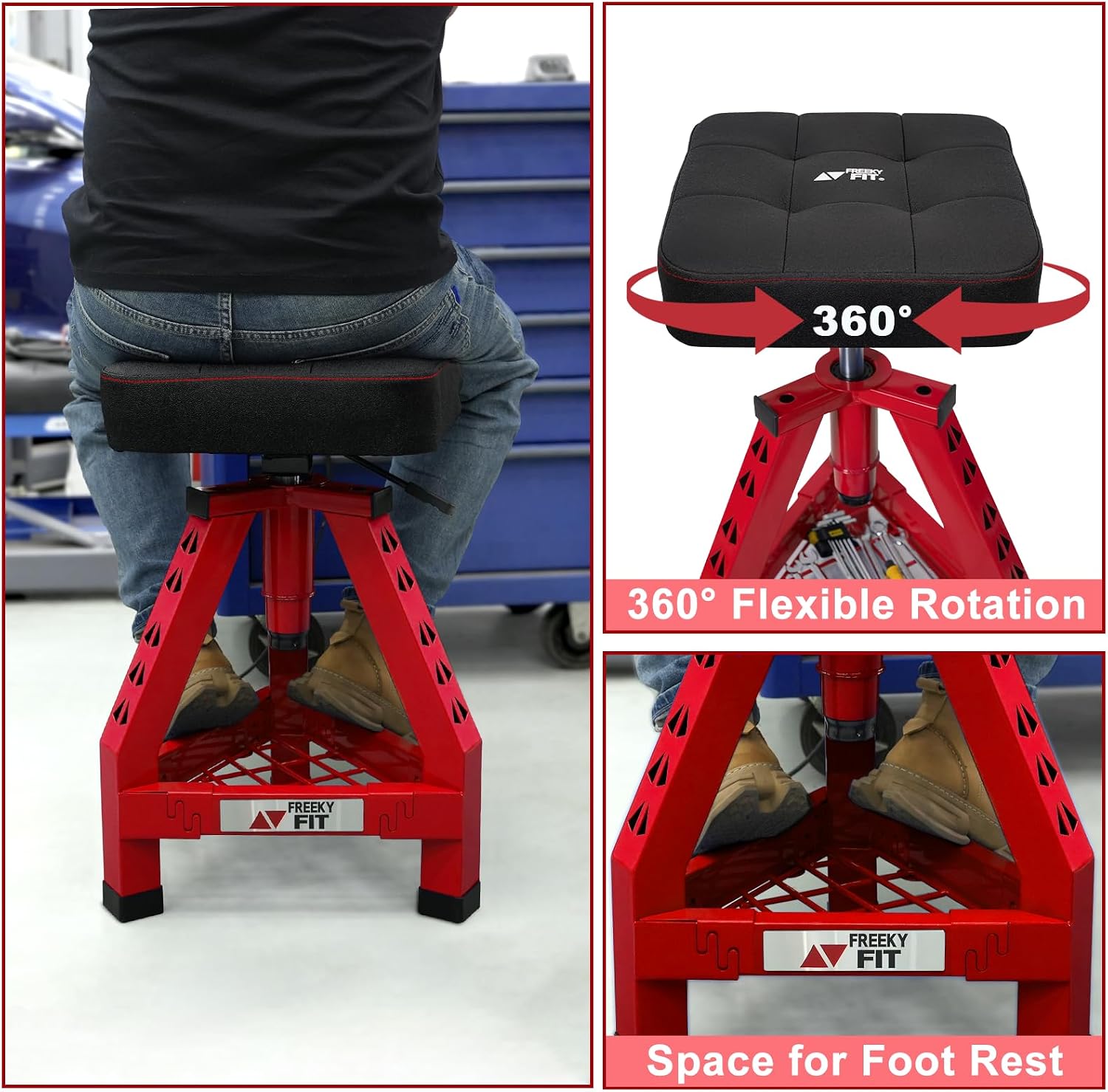 Adjustable Shop Stool,Garage Mechanic Stool Chair,Work Seat for Workshop, Adjustable Height, 360° Swivel Padded Square Seat,Tool Storage, 350 LBS Capacity, Heavy Duty, Blue