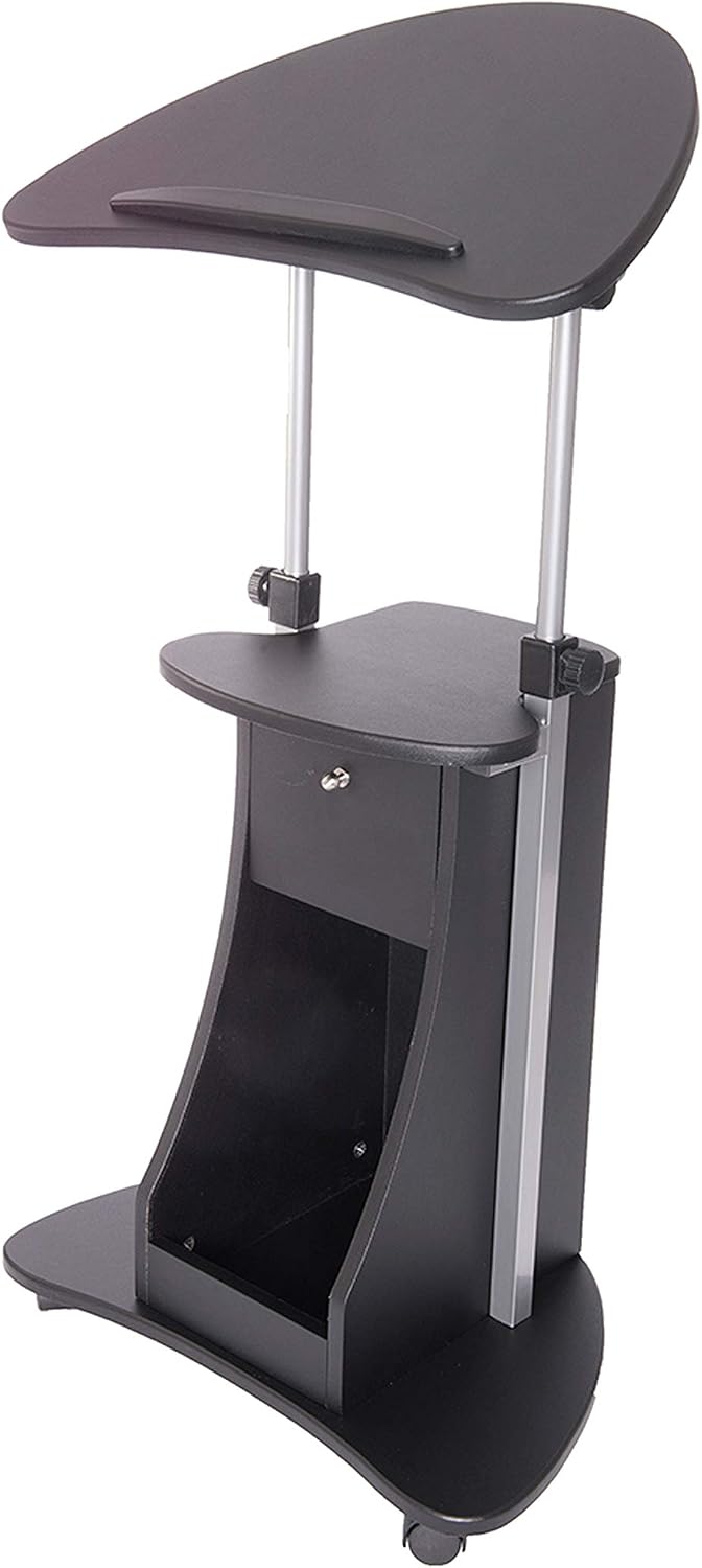 Techni Mobili Adjustable Height Rolling Laptop Cart with Storage, Graphite | Adjustable height rolling laptop cart with storage drawer, open shelf, wheels, sit‑stand design for office or medical use