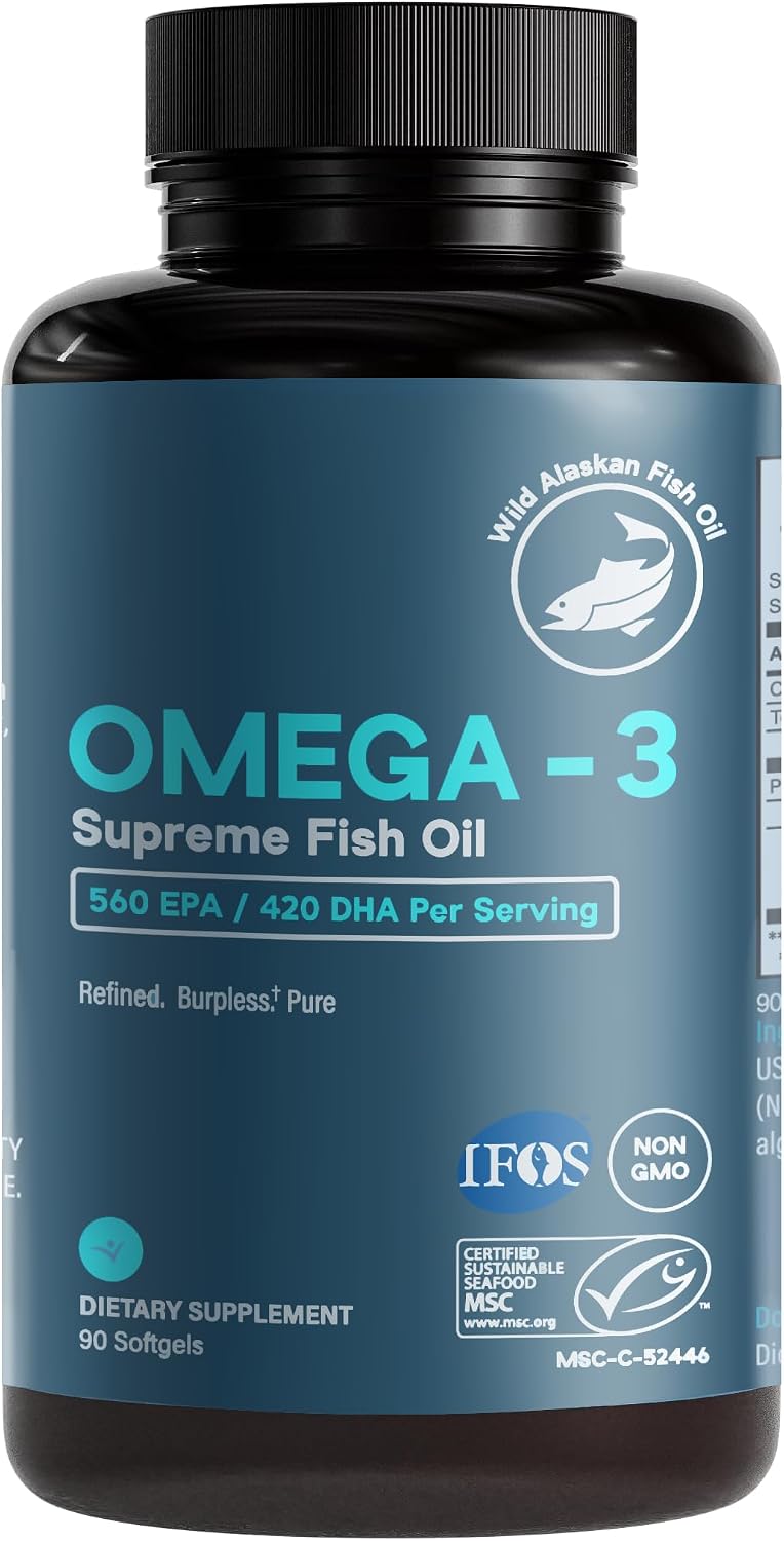 Omega-3 Supreme 1400 mg Wild Alaskan Fish Oil | Enteric Coated, Burpless | MSC Certified High EPA DHA, Improved Absorption & Heavy Metal Tested (3 Mo Supply,180 Softgels)